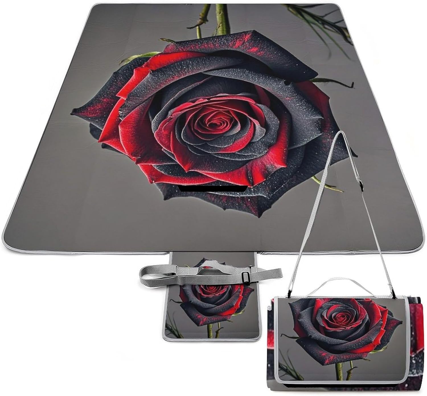 Red and Black Rose Beach Blanket Thickened Foldable Camping Mats Soft Lightweight Beach Pad Square Picnic Blankets with Shoulder Strap for Park Grass Patio Hiking