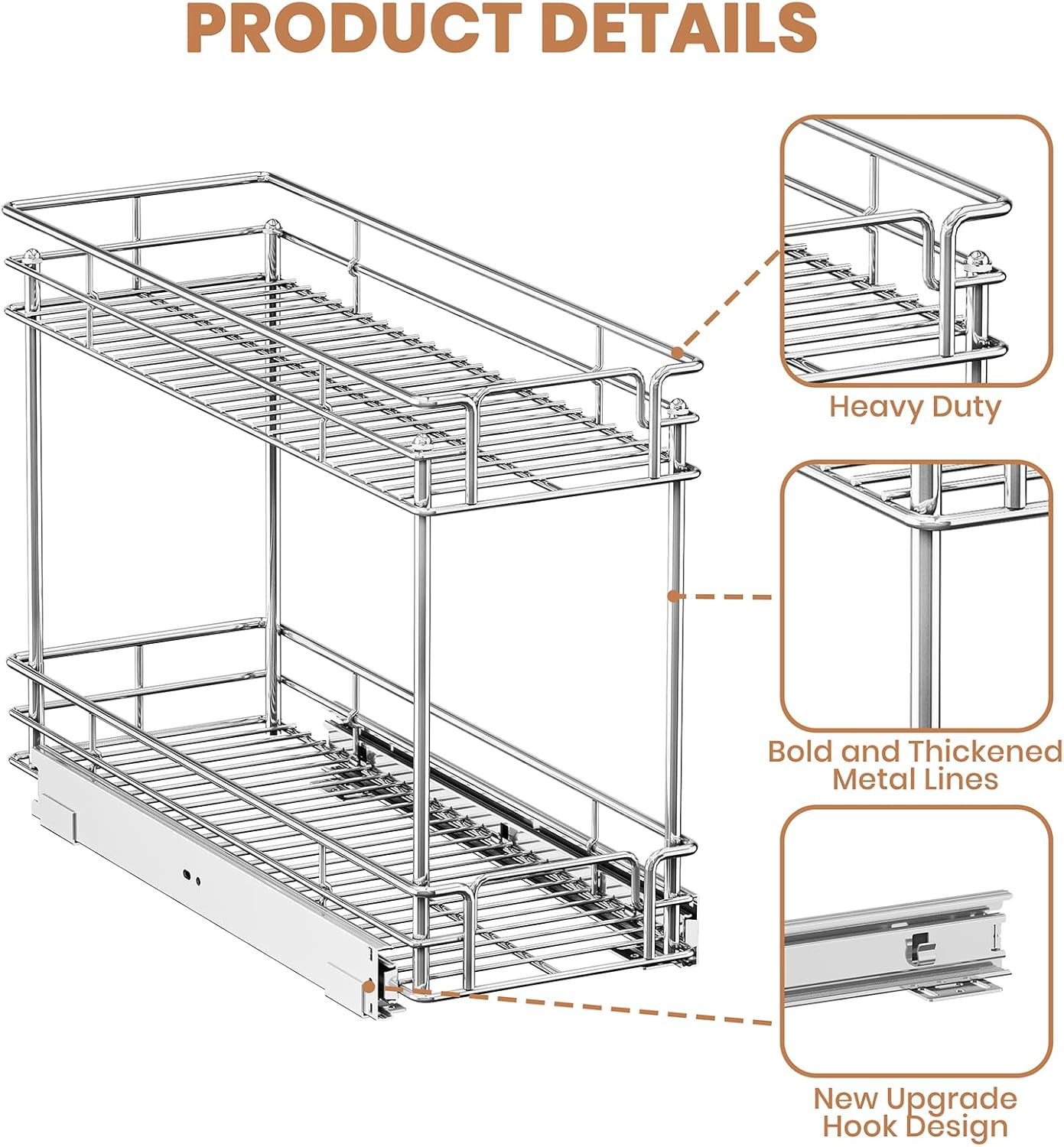 Pull Out Spice Rack Cabinet Organizer, 3 Tier Heavy Duty Slide Out Wood Shelf for Narrow Cabinet, Pull Out Storage for Kitchen (8½" W x 21½" D, 2 Tier)