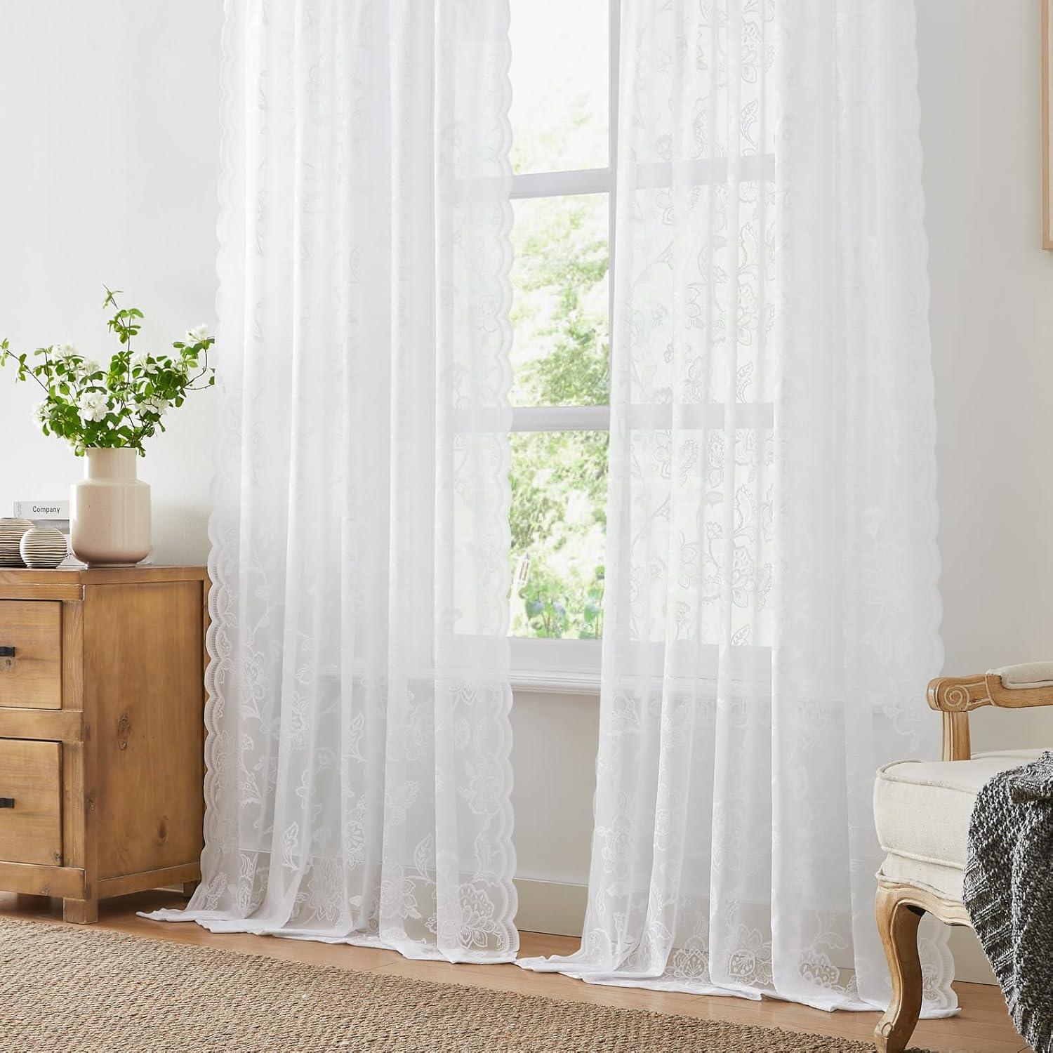 White Lace Curtains 84 Inches Long Victorian Floral Sheer Curtains for Living Room Bedroom Rod Pocket Light Filtering Western Lotus Flower Leaf Lace Curtain for Dining Room French Window Decor, 52x84