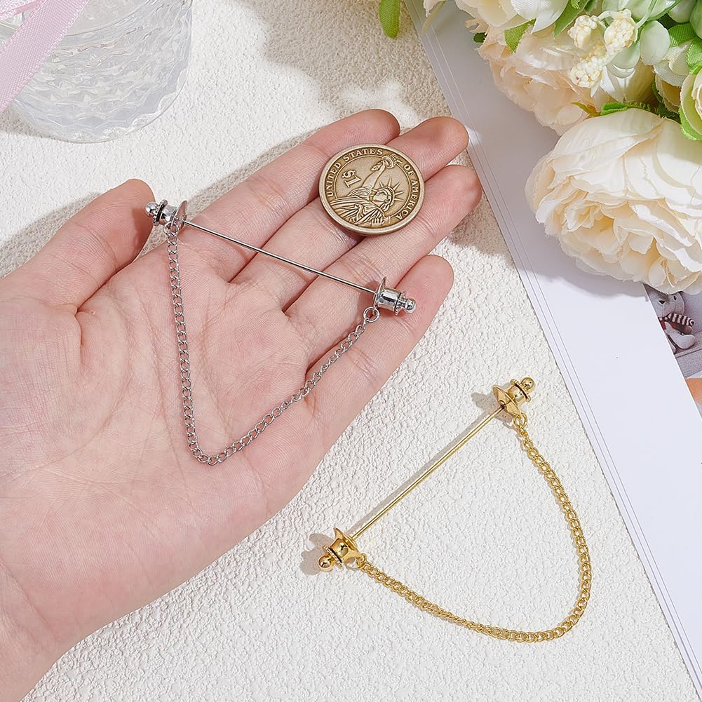 2Pcs 2 Colors Chain Lapel Pin Silver Tassel Brooch Gold Collar Tie Bars Classic Metal Brass Ball Head Shirt Bar Collars Clips Clasp Stick Set for Men Wedding Business Formal Wear Dress Shirt