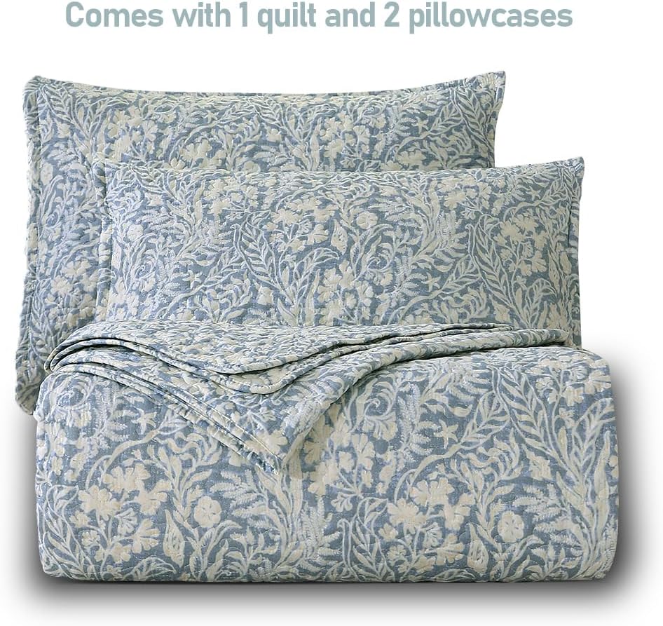 DURLENGEN Quilt Set California King Size 3Pcs,Bluish Grey Printed with Beige Leaves Pattern,Soft Microfiber Lightweight Bedspread for All Season Layering(112x104,Beige Botanical) - Image 5