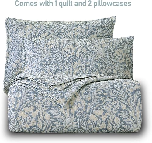 Miniatura 5 de DURLENGEN Juego de colcha botánica California King tamaño 3 piezas, gris azulado estampado con patrón de hojas beige, colcha reversible ligera para