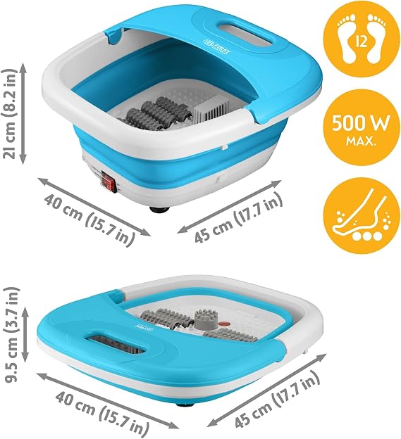 TZS First Austria - Foldable Foot spa Foot Massager 450W with 3 attachments & 8 Massage Rollers - Foot Bath with Vibration & air Bubble Massage, Infrared & Heating Function - Electric Pedicure tub