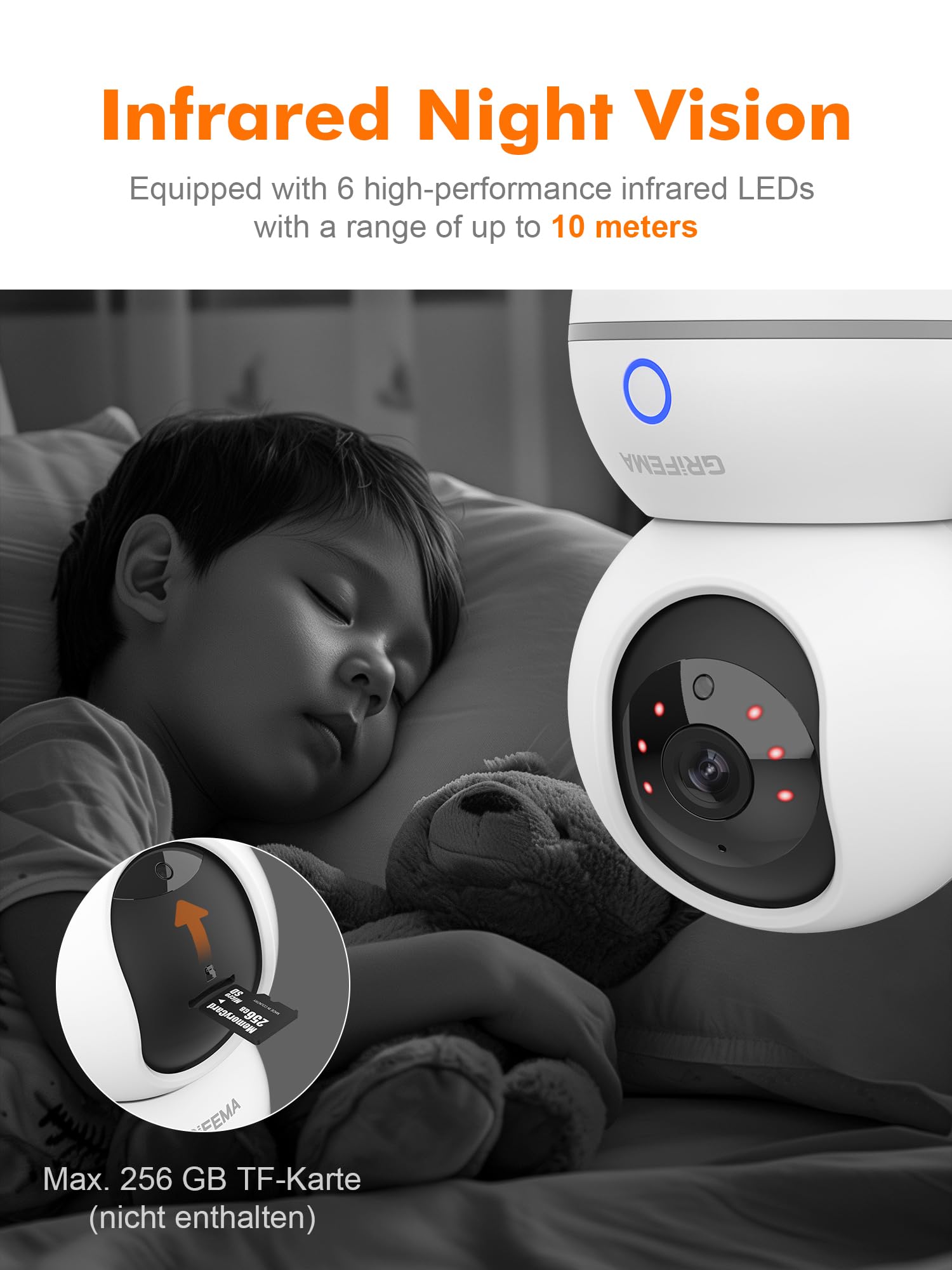 GRIFEMA Wewnętrzna kamera WiFi 360°, 1080P (3MP) z noktowizorem 10 m, wykrywanie człowieka/dźwięku, redukcja szumów 3D, pamięć SD/chmura, tryb prywatności dla dzieci/zwierząt, GD701