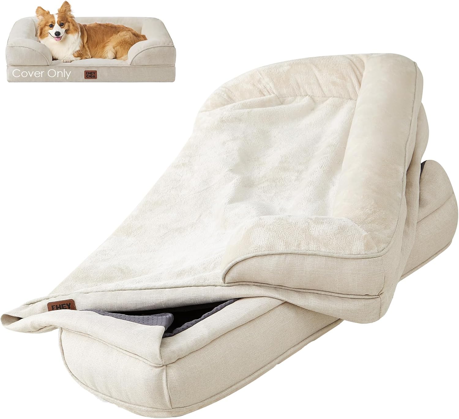 EHEYCIGA Dog Bed Cover Replacement for Large Dog Bed, Waterproof Washable Removable Cover for Orthopedic Memory Foam Dog Sofa, Non-Slip Bottom, Beige, Cover Only