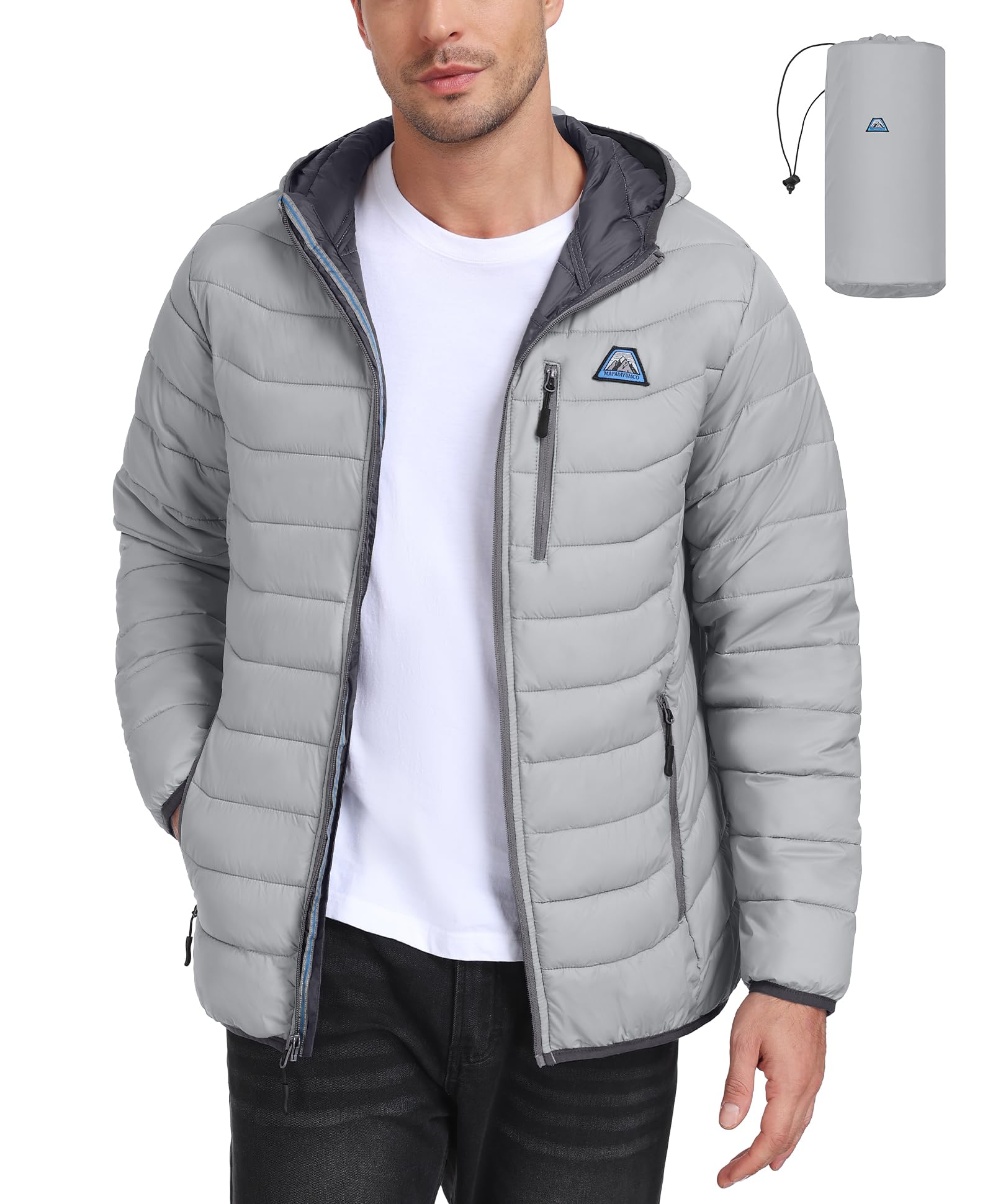 Mapamyumco Men's Lightweight Packable Hooded Puffer Jacket Puffy Waterproof Windproof Winter Coat for Snow Ski Hiking Travel