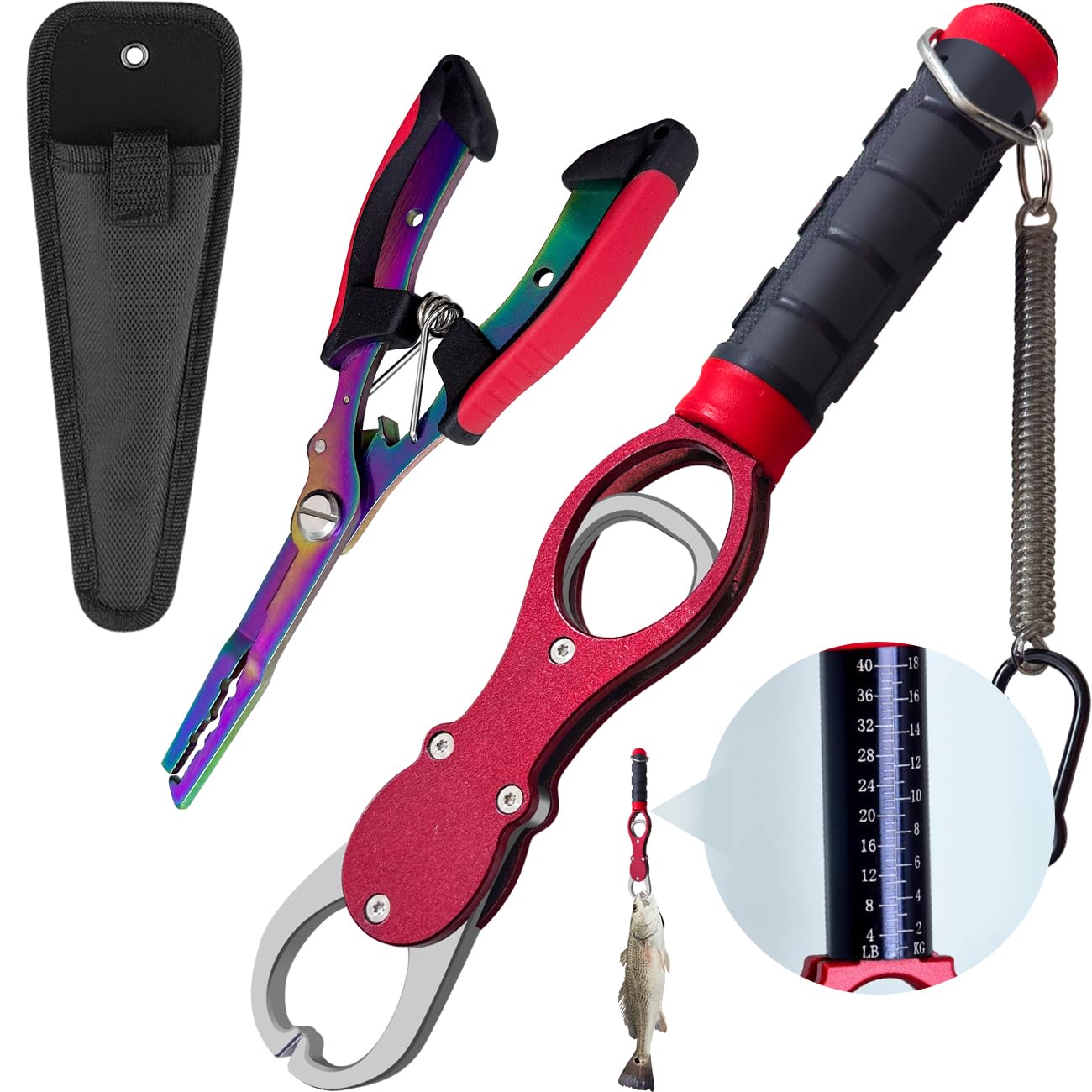 La La Pet Fish Lip Grabber and Pliers Kit Aluminum Alloy Gripper with Weight Scale 40 Pounds Luya Scissors Professional Grip Holder Portable Fishing Control Tools