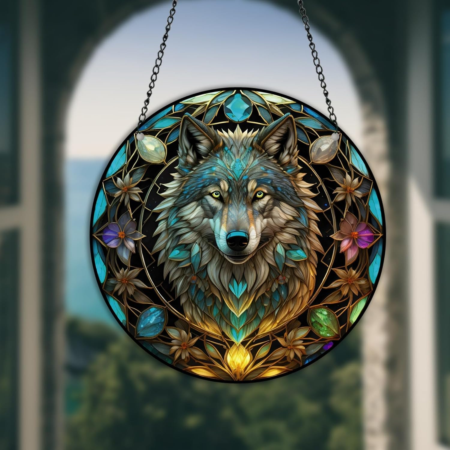 HOTIYOK Jungle Wolf Window Hangings Acrylic Wild Animal Stained Glass Panels Wall Decor for Indoor, Ideal Housewarming Gift Home Decor for Mom Grandma Wife Teacher