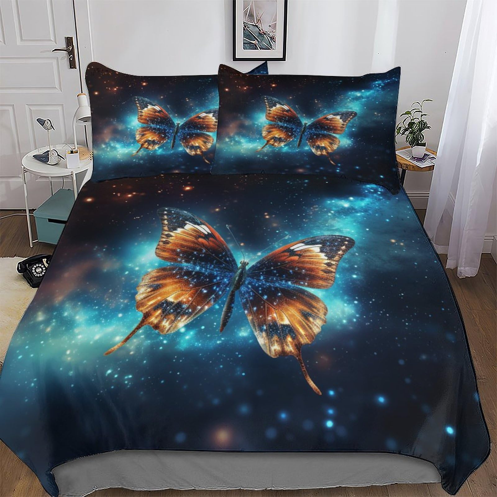 Housse de couette papillon parure de lit king 220x240cm en microfibre et coton doux pour ado
