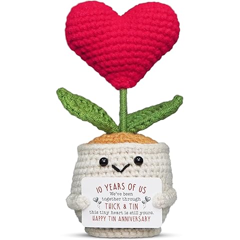 OASSIE 10 Year Anniversary Wedding Gifts for Men Women - Heart Flower Pot Crochet with Card - Christmas Tin Anniversary Couple Gifts for Him Her, Husband Wife Gift Ideas, Stocking Stuffers for Women