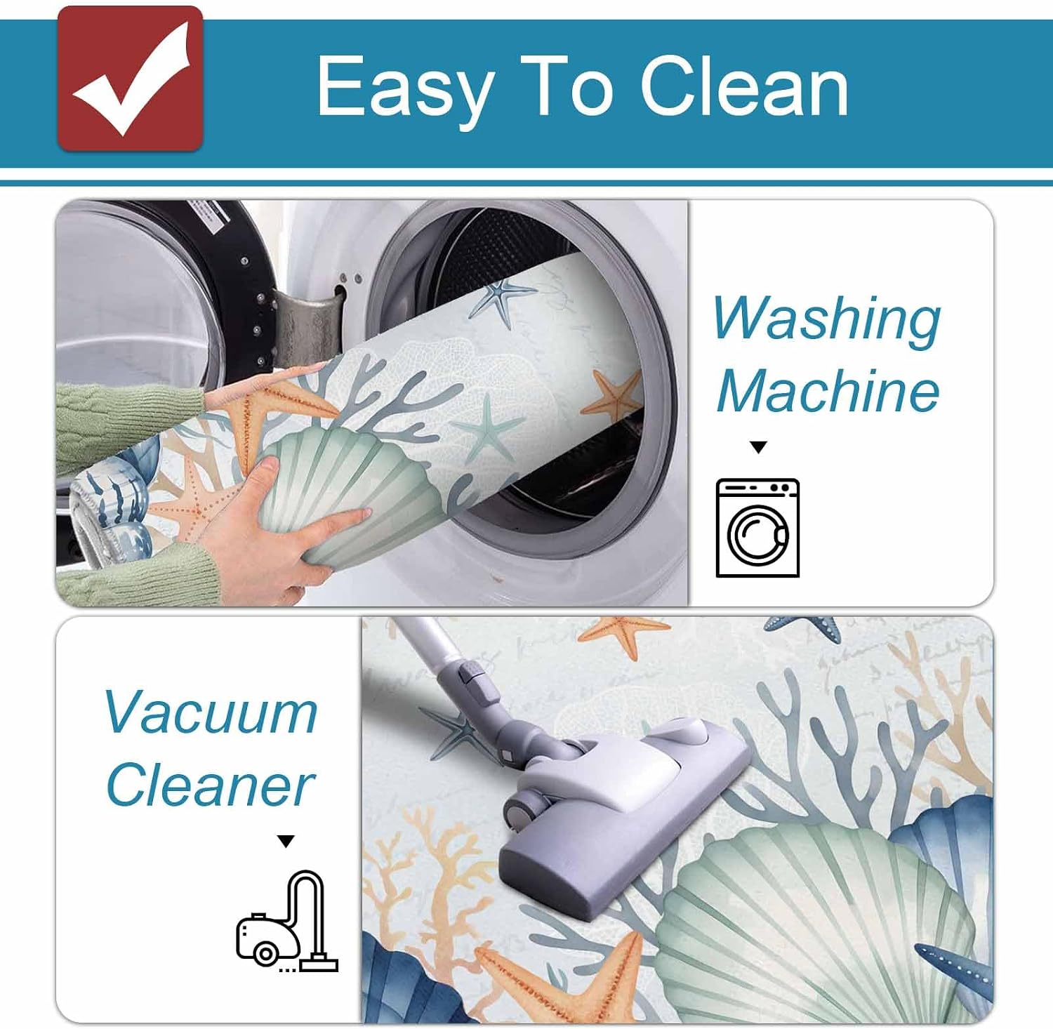 Summer Marine Life Kitchen Mats Set of 2 Watercolor Starfish Ocean Shell Conch Non Slip Mat Washable Floor Rug for Kitchen Sink Floor Laundry, 23.6"x35.4"+23.6"x70.9"