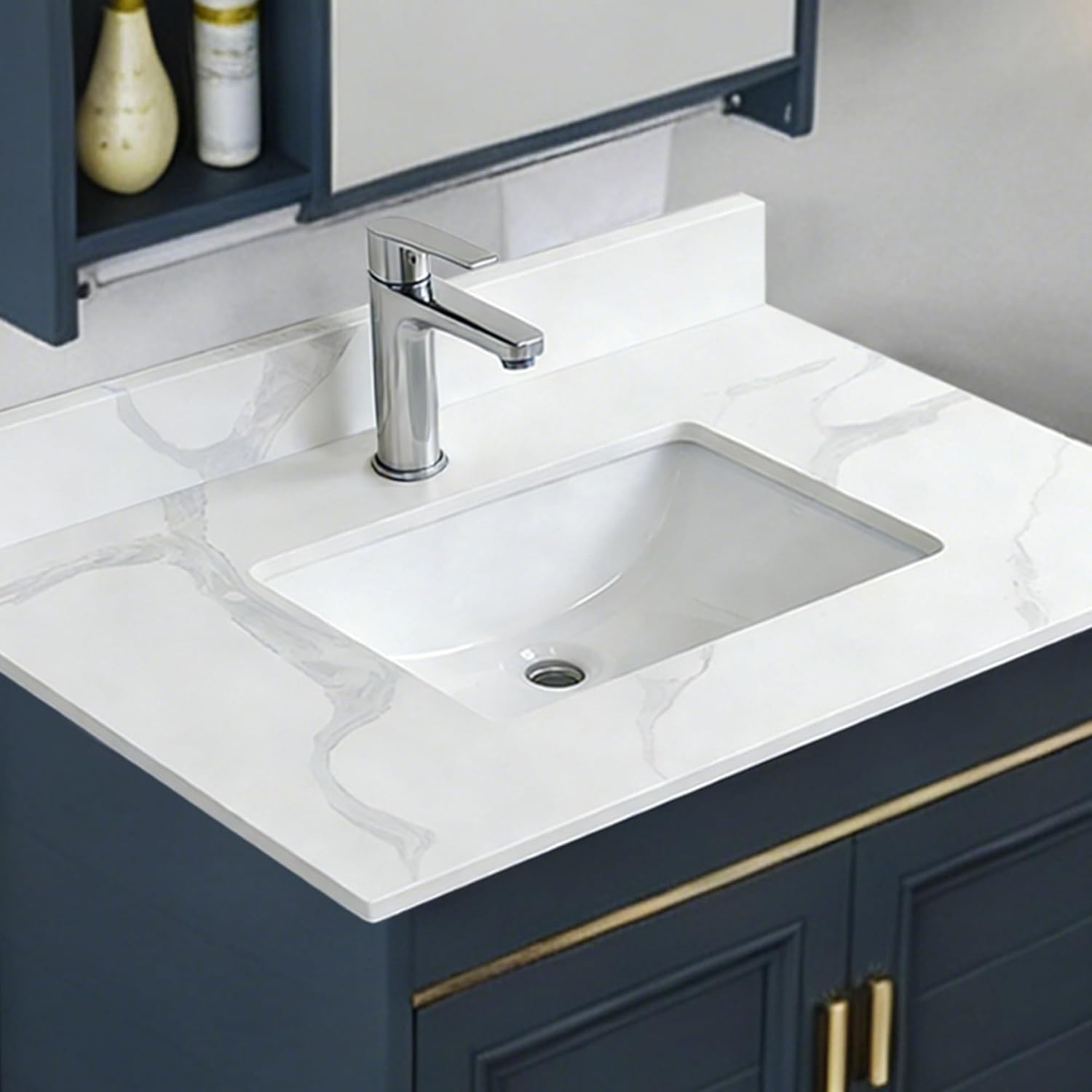 Montary 31-inch Quartz Bathroom Vanity Top with Undermounted Ceramic Sink & 4 Inch High Backsplash, 3/4" Thick Quartz Stone Vanity Sink Tops with 1 Pre-Drilled Hole, Calacatta White