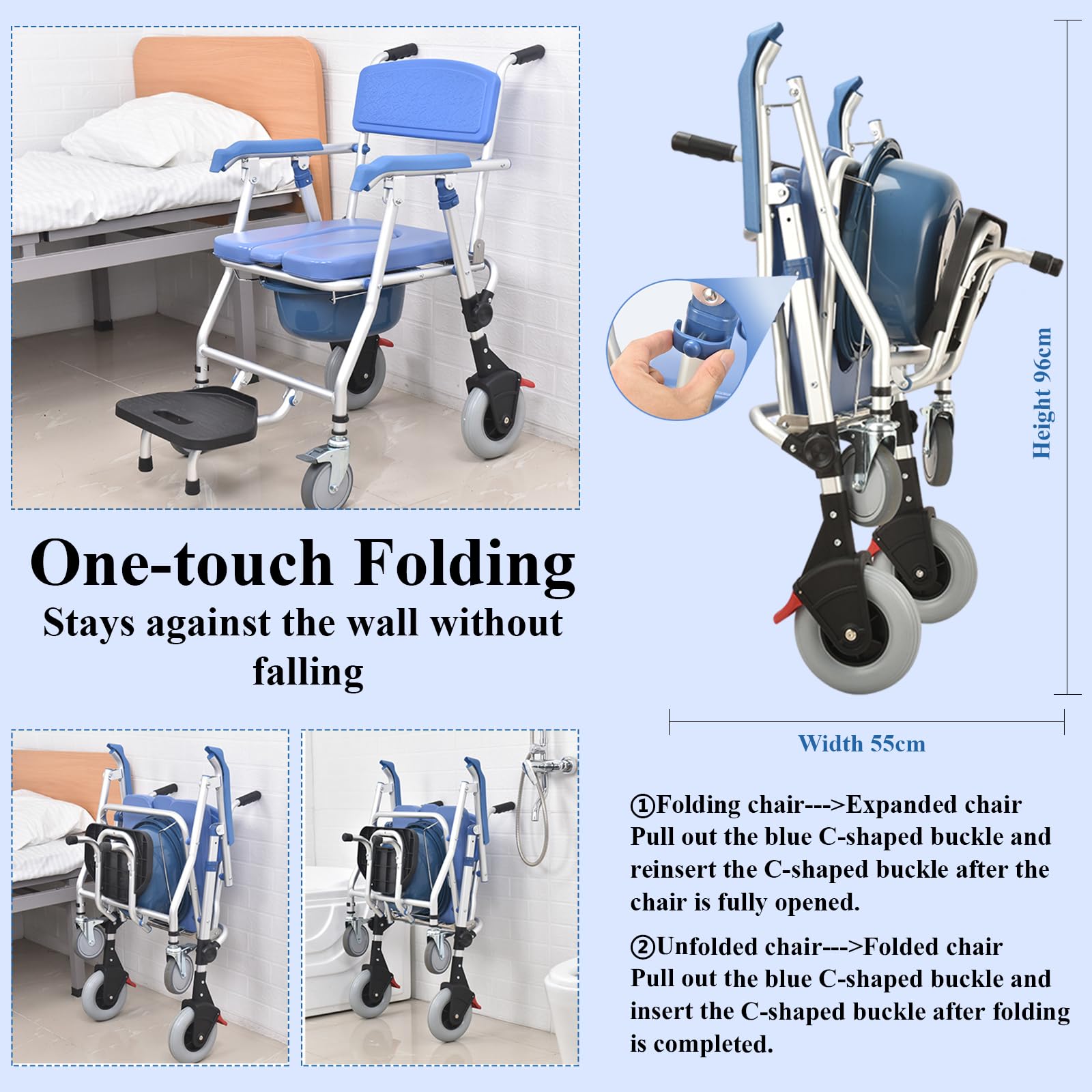 Sedia Comoda Pieghevole WC per Anziani con Rotelle, Sicura Sedia a Rotelle per Anziani con WC, Blu Sedia per Doccia Anziani Disabili Pieghevole con Morbido Cuscino