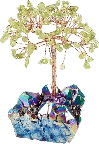 rockcloud Árbol de dinero de cristal Feng Shui Bonsái con base de cuarzo de cristal recubierto de titanio, decoración para riqueza y suerte, peridoto