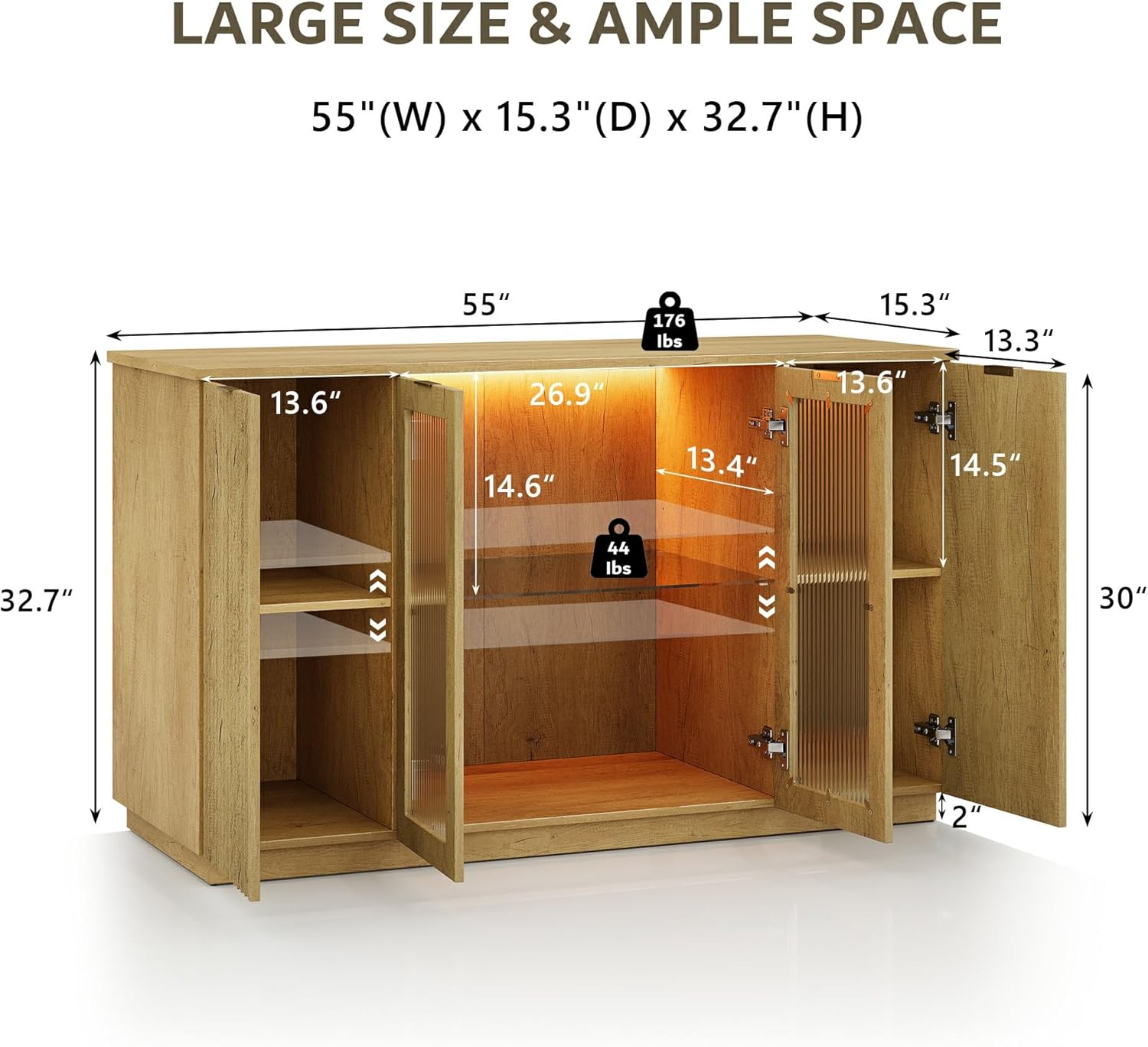 iPormis Sideboard Buffet Cabinet with Glass Doors & LED Lights, Fluted Credenza Storage Cabinet with Adjustable Shelves, 55" Modern Wood Coffee Bar for Kitchen Room Living Room Natural Oak