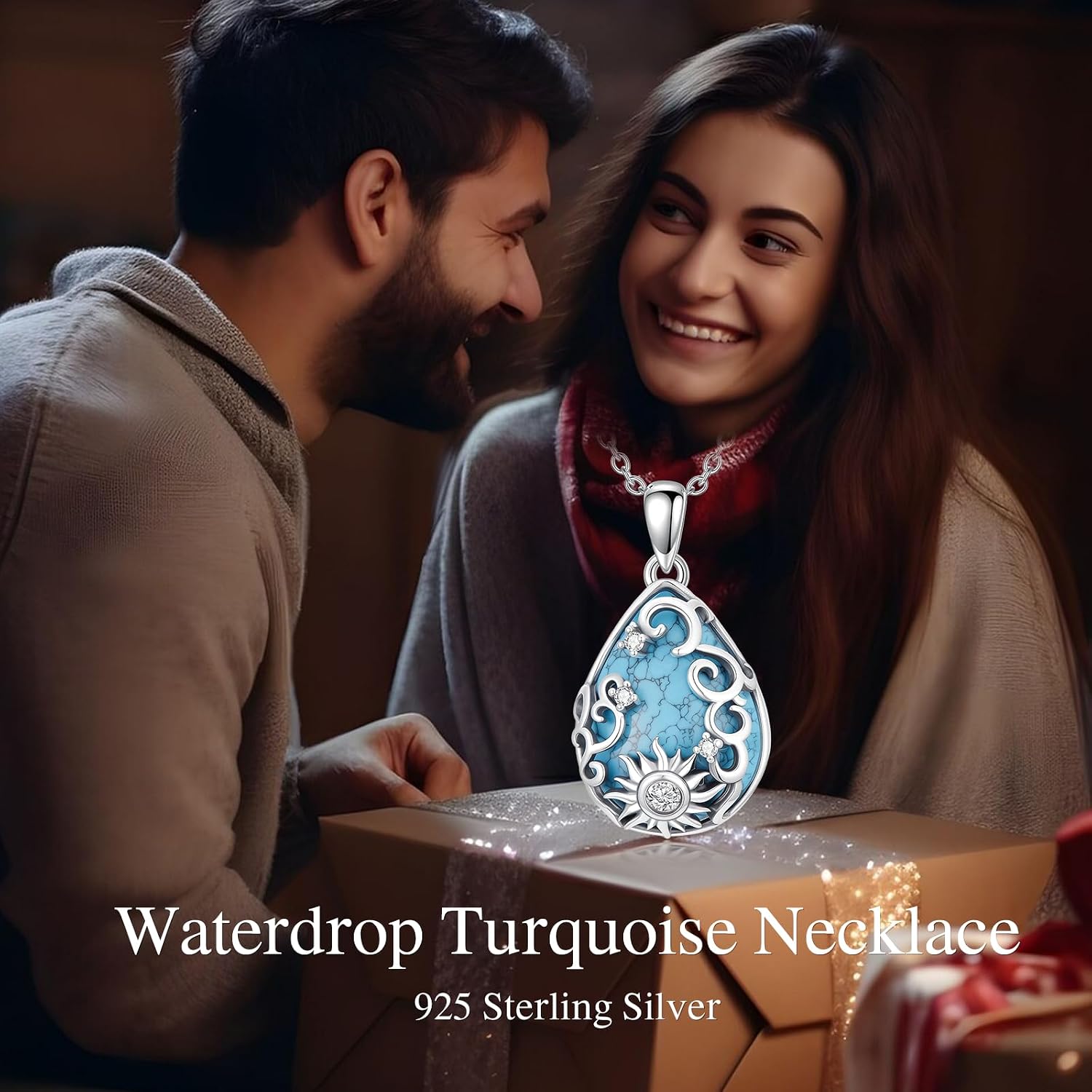 Turquoise Pendant Necklace 925 Sterling Silver Heart/Water Drop Turquoise Necklace Jewelry Gift for Women Mom (Style 3)
