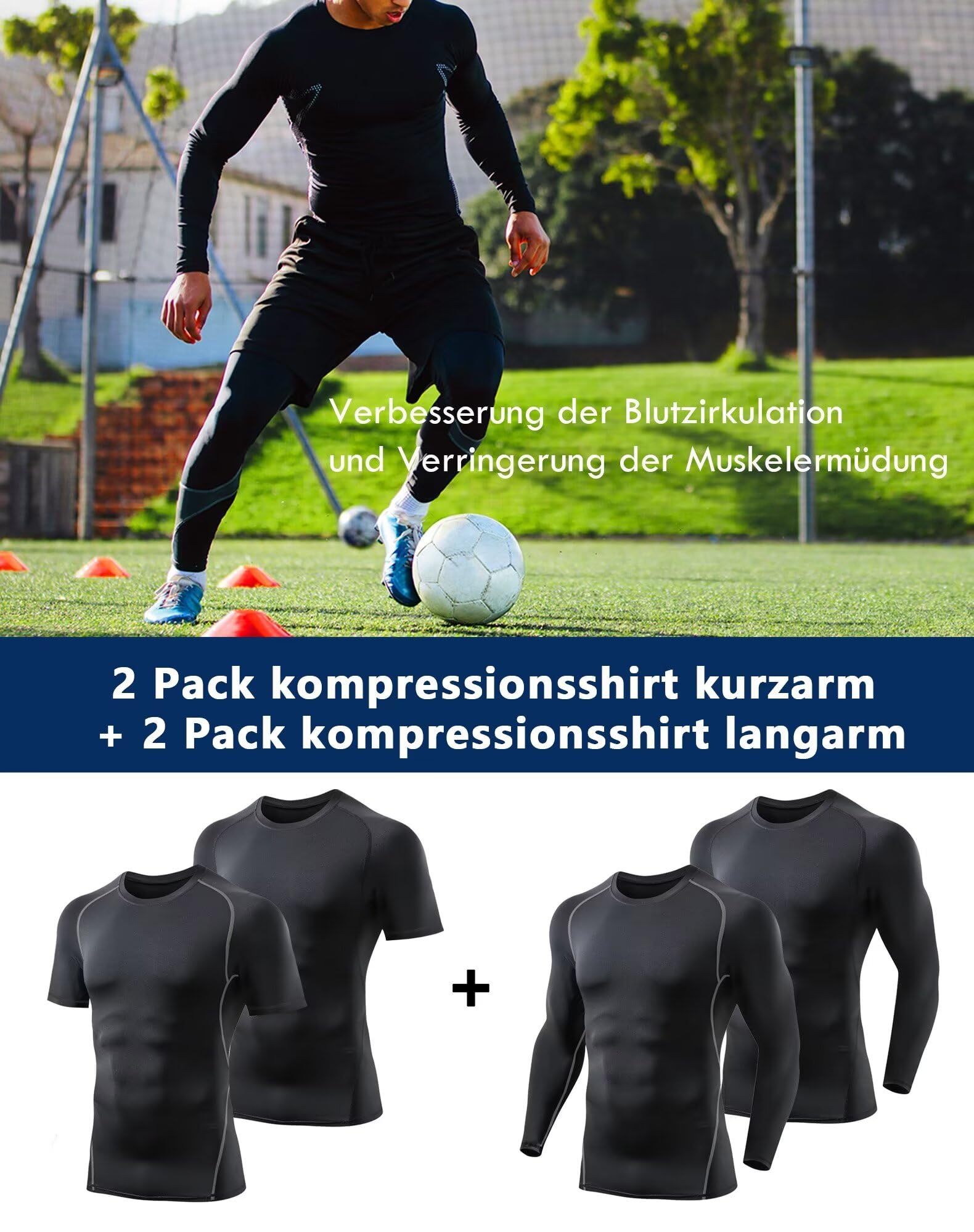 TELALEO Pack de 4 camisetas de compresión para hombre, manga corta/manga larga, camiseta funcional de secado rápido, transpirable, para fitness, correr, gimnasio, 2 mangas cortas+2 mangas largas