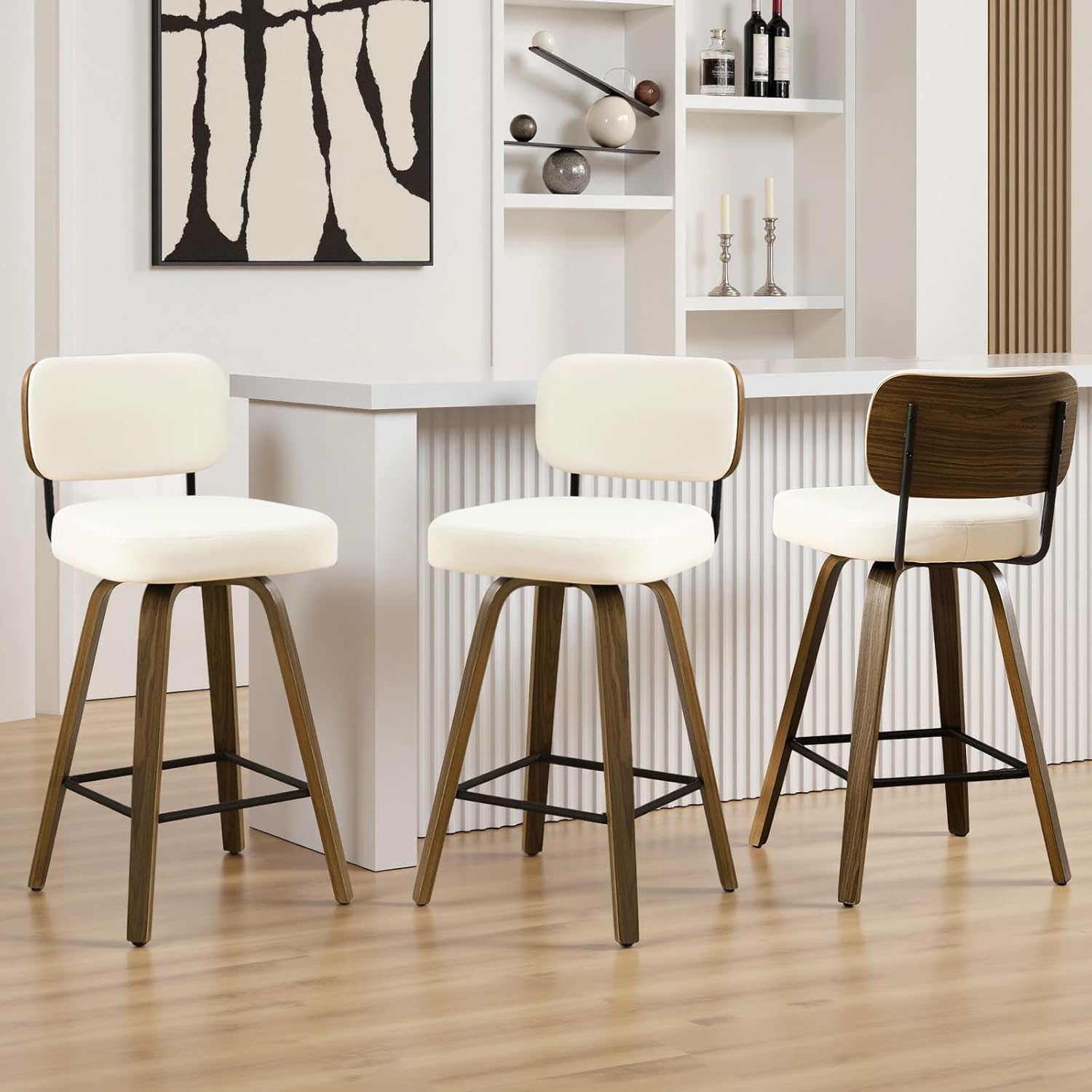 26" Counter Height Swivel Bar Stools Set of 3, Upholstered Bar Chairs with Back and Faux Leather Seat, Mid-Century Modern Counter Stools with Walnut Bentwood Leg for Kitchen Island, Cream
