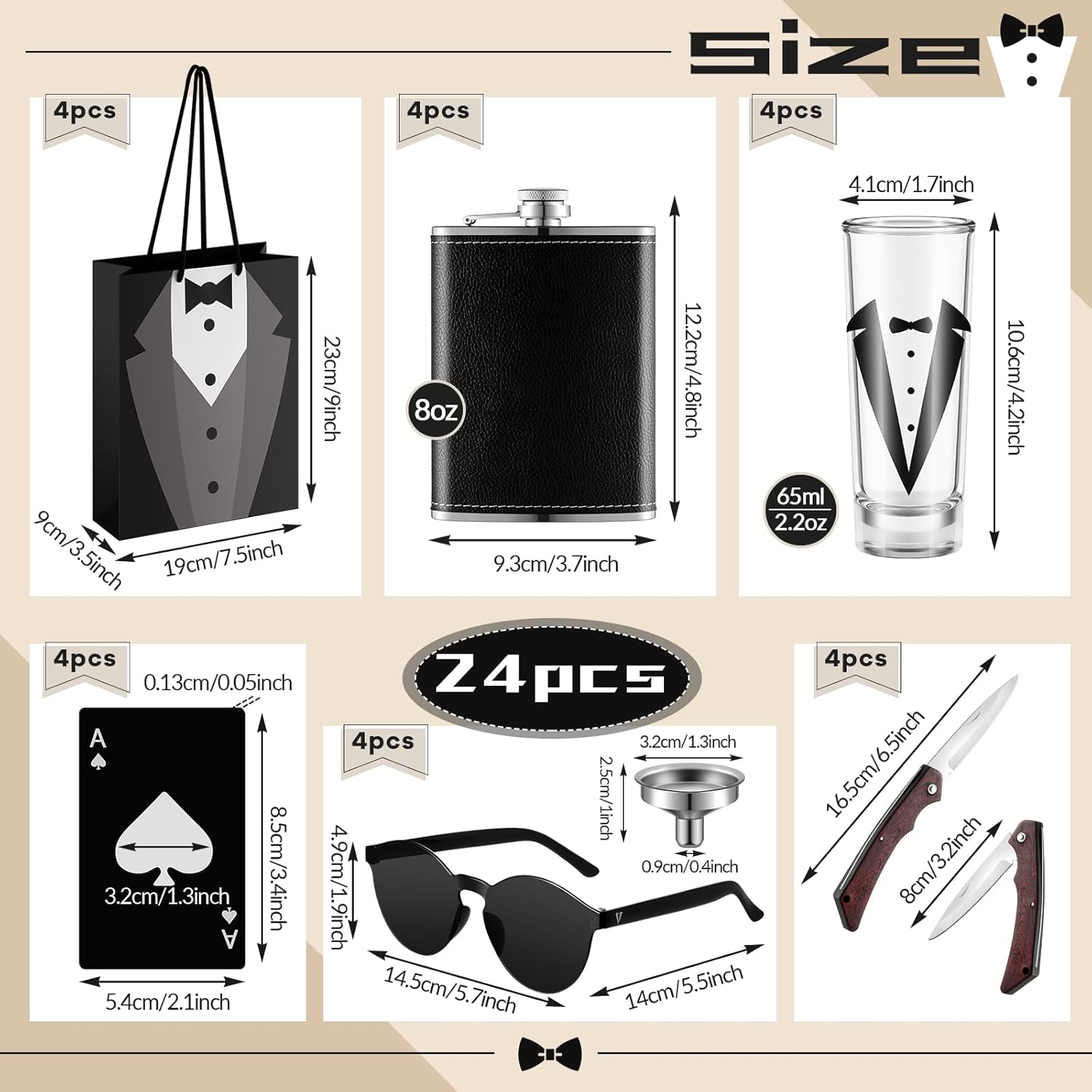 Tioncy 24 Pcs Groomsmen Proposal Gift 4 Engraved Pocket Knife 4 Groomsmen Gift Bags 4 Shot Glasses with Tuxedos 4 oz Stainless Steel Hip Flask 4 Poker Card Bottle Opener 4 Sunglasses