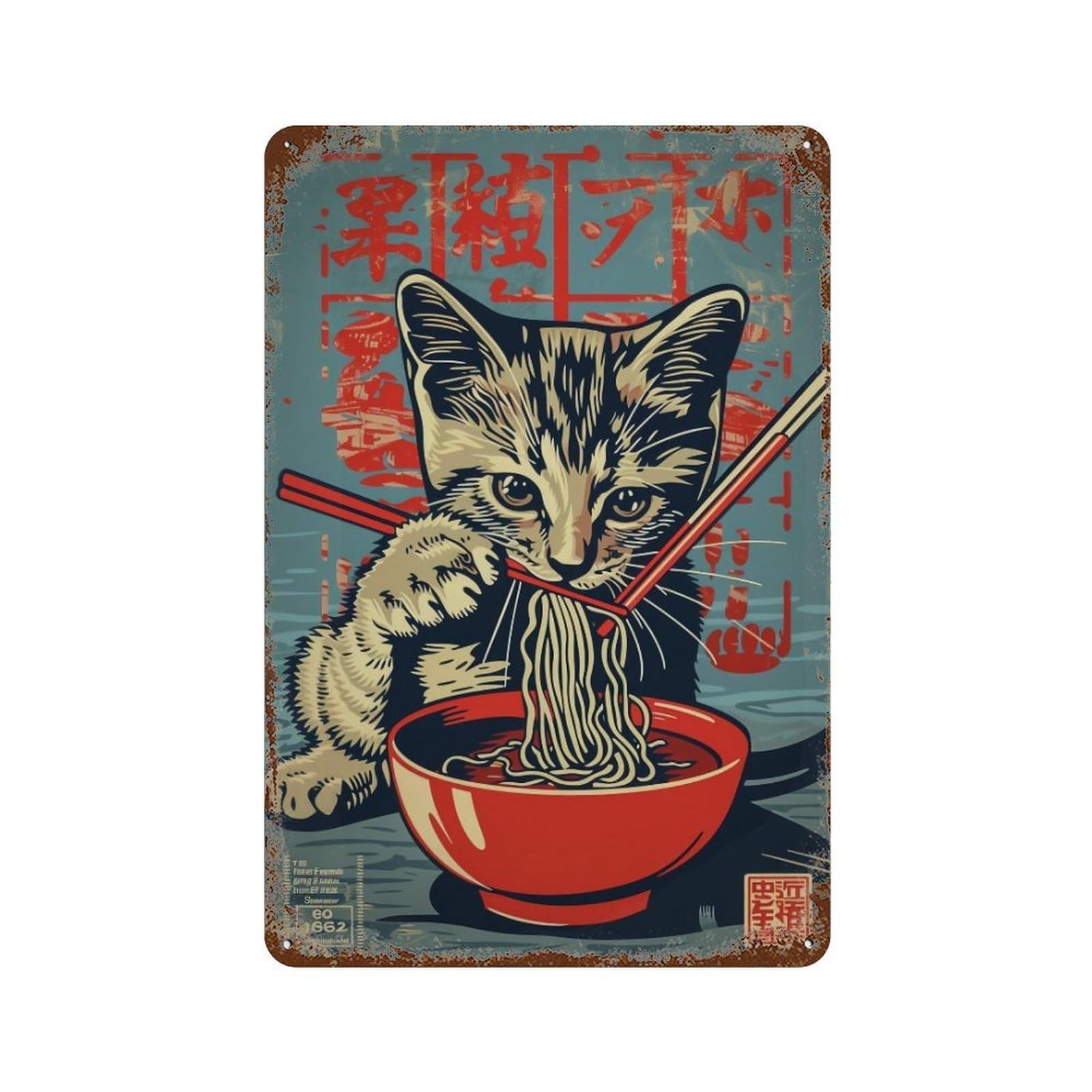 YHGERTKU Ramen Cat Woodblock 01 Wall Art Retro Iron Vintage Metal Tin Sign Poster Modern Decor for Living Rooms Gift 30x20cm