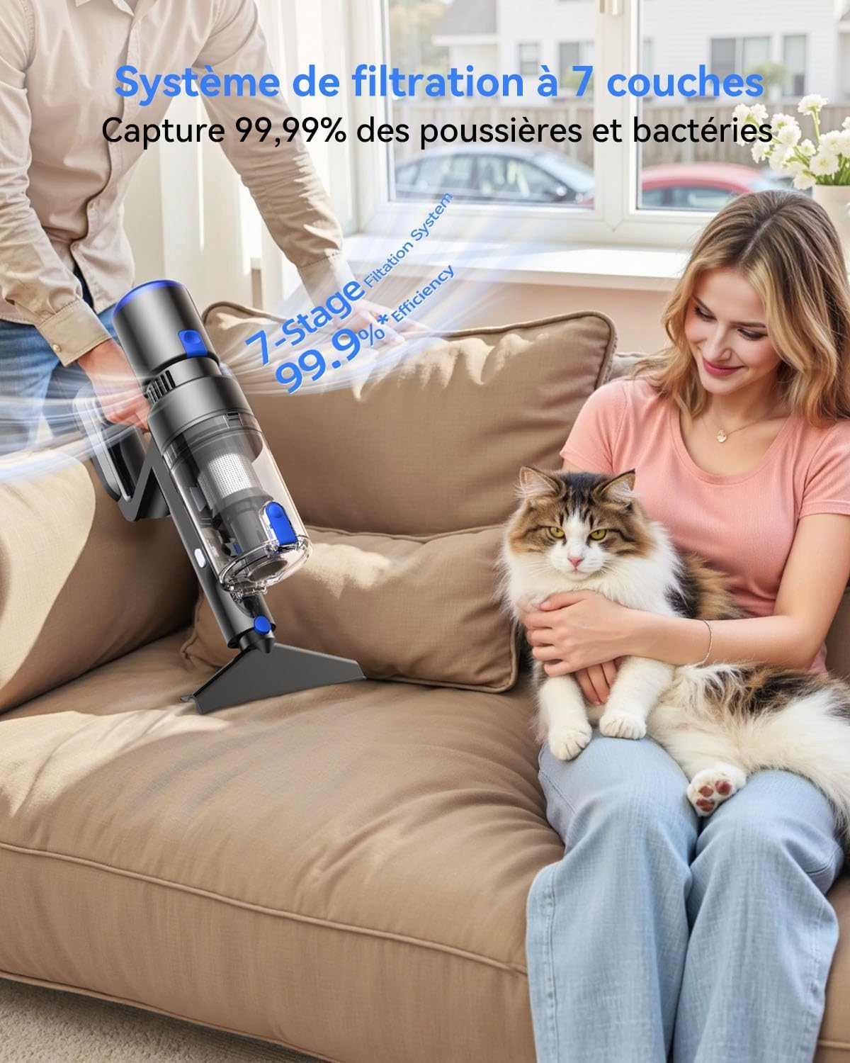 550W/45KPa Aspirateur Balai sans Fil, 50 Min d’Autonomie Aspirateur sans Fil Autoportant, Brosse Anti-Enchevêtrement & Éclairage LED, pour Sols Durs, Tapis et Poils d’Animaux (Bleu)