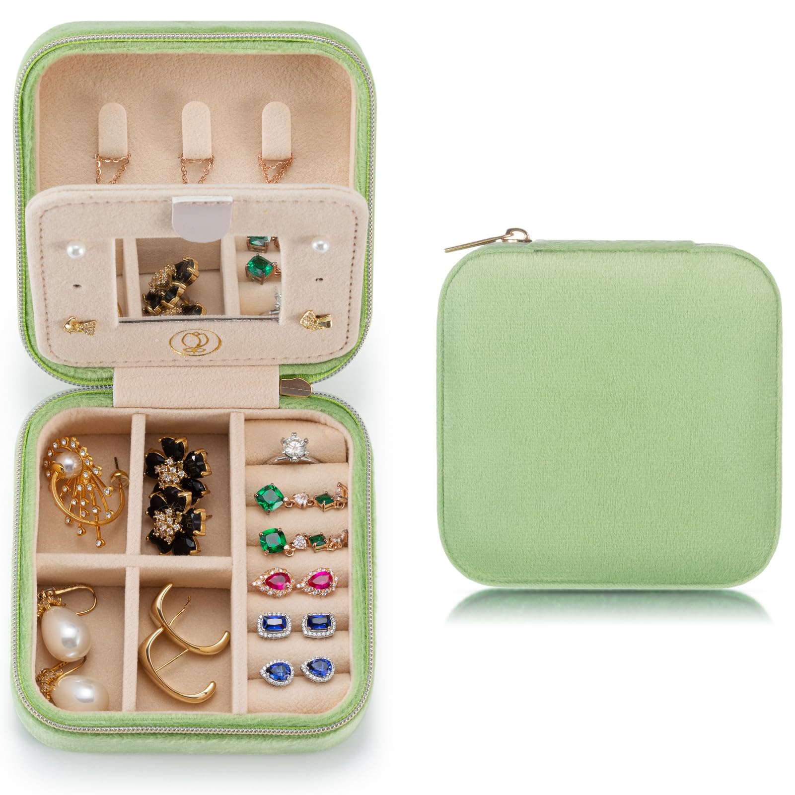 TRODANCETRODANCE Plush Velvet Travel Jewelry Case Organizer, Small Travel Jewelry Box,Portable Jewelry Box Travel Mini Organizer Portable Display Storage Box For Rings Earrings Necklaces (Grass Green)