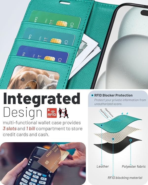 OCASE Compatible with iPhone 17 Pro Wallet Case, PU Leather Flip Folio Case with Card Holders RFID Blocking Kickstand [Shockproof TPU Inner Shell] Phone Cover 6.3 Inch 2025, Blue Green by OCASE - Used condition - Image 3
