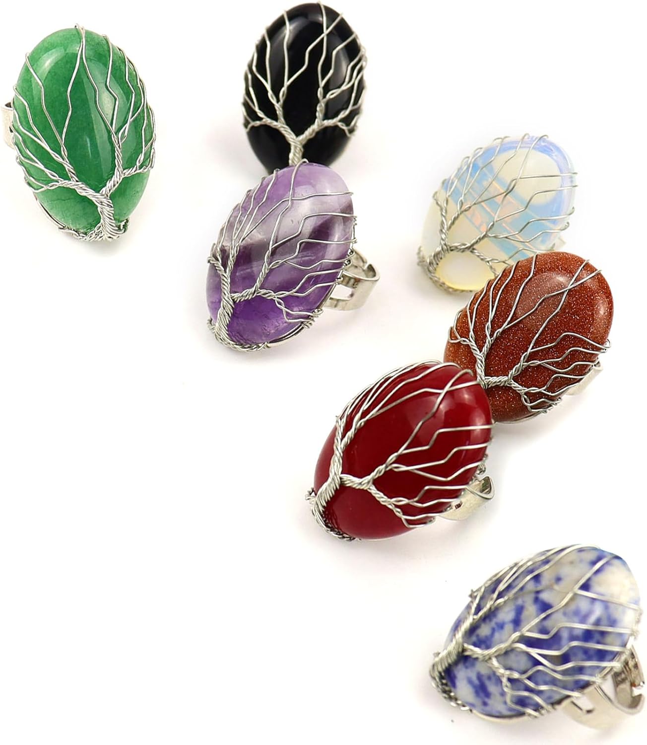 7 PCS Oval Healing Crystal Girls Ring Hand Wrapped Copper Wire Tree of Life, Adjustable Open Ring for Womens, Fits Size 6 7 8 9