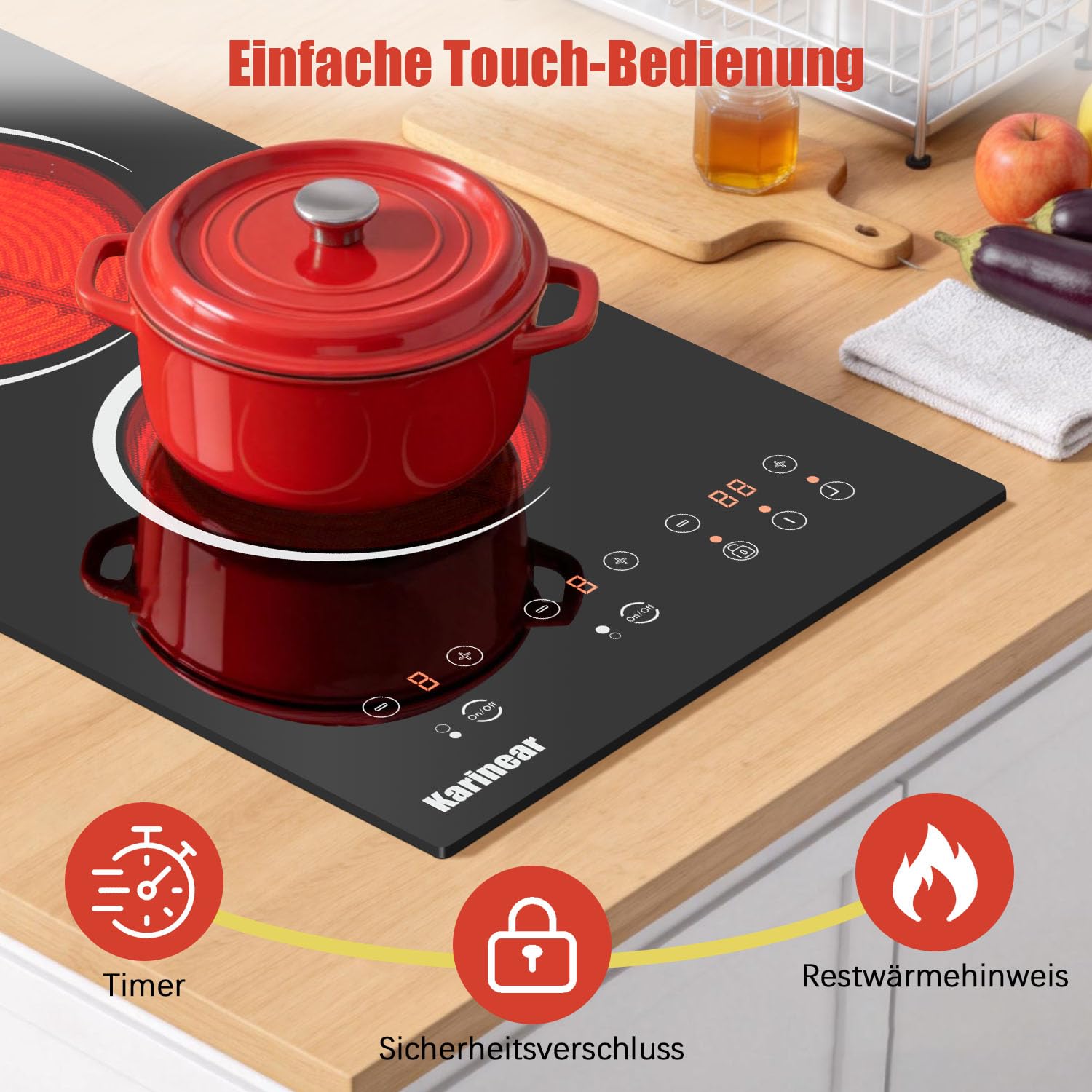 Karinear Glaskeramikkochfeld 2 Platten mit Stecker, Keramikkochfeld Doppel, 3000W Unabhängige Touch-Steuerung, Herdplatte 2 Kochfelder, Timer, Sicherheitsschloss, 240V