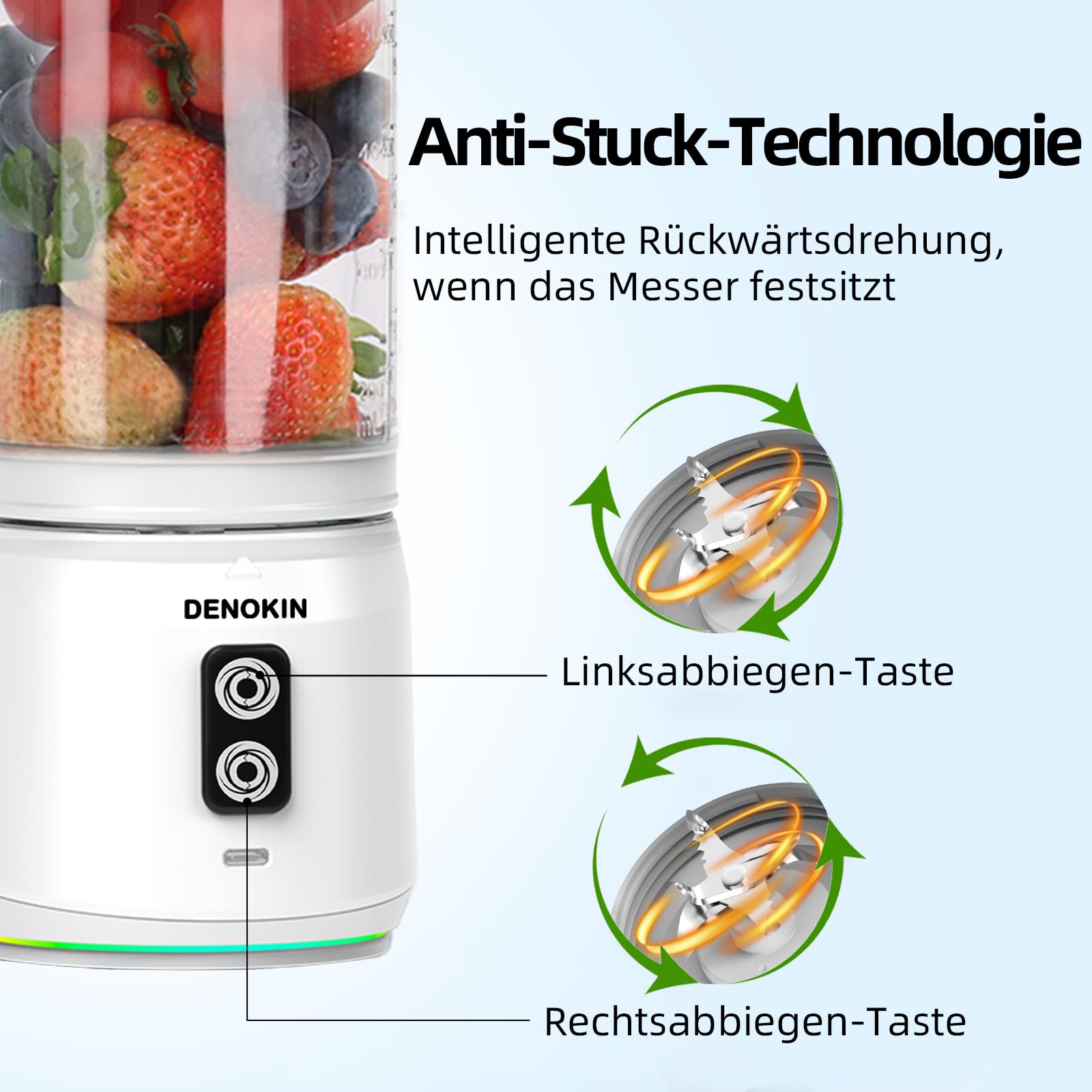 DENOKIN Mixeur portable avec couvercle à boire, 700 ml, mini blender pour les déplacements, rechargeable avec USB-C, appareil à smoothie sans fil à emporter pour smoothies, shakes
