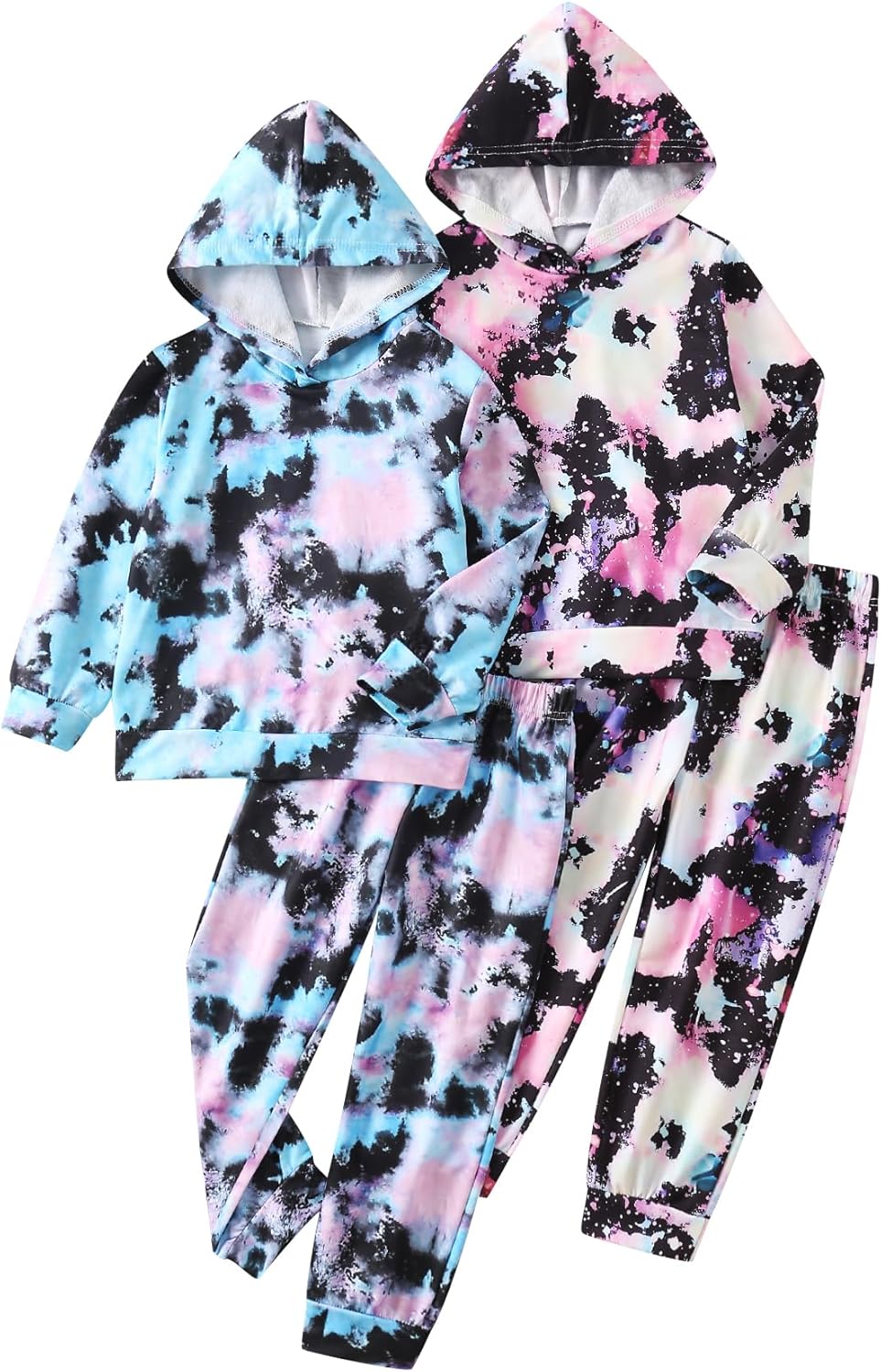 Activewear Set for Girls 4 Piece printed Athletic Pullover Hooded Sweatshirt and Joggers Sweatpants （3-14Y）