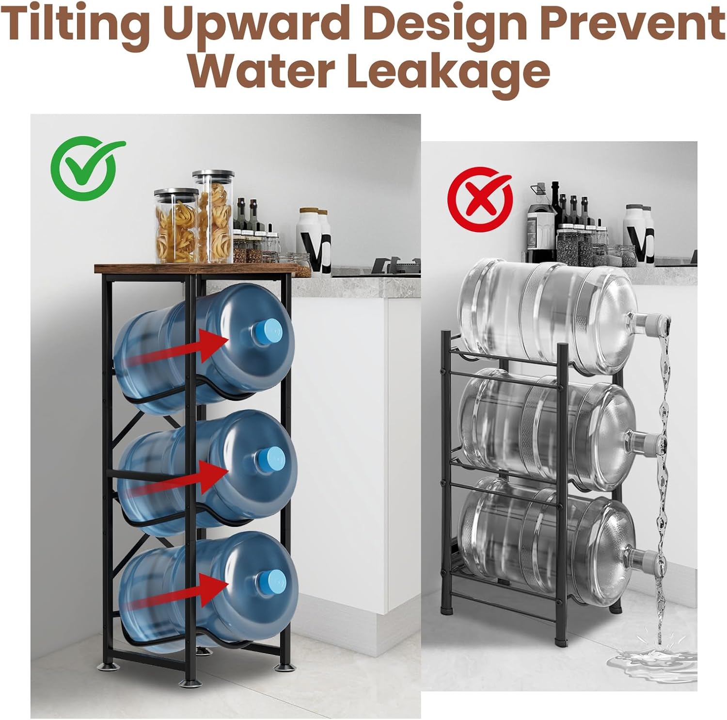 5 Gallon Water Jug Holder, 3-Tier Water Bottle Holder with Wood Top Shelf, Heavy Duty Water Cooler Jug Rack, Water Dispenser Storage Stand for Kitchen Office and Living Room - Image 6