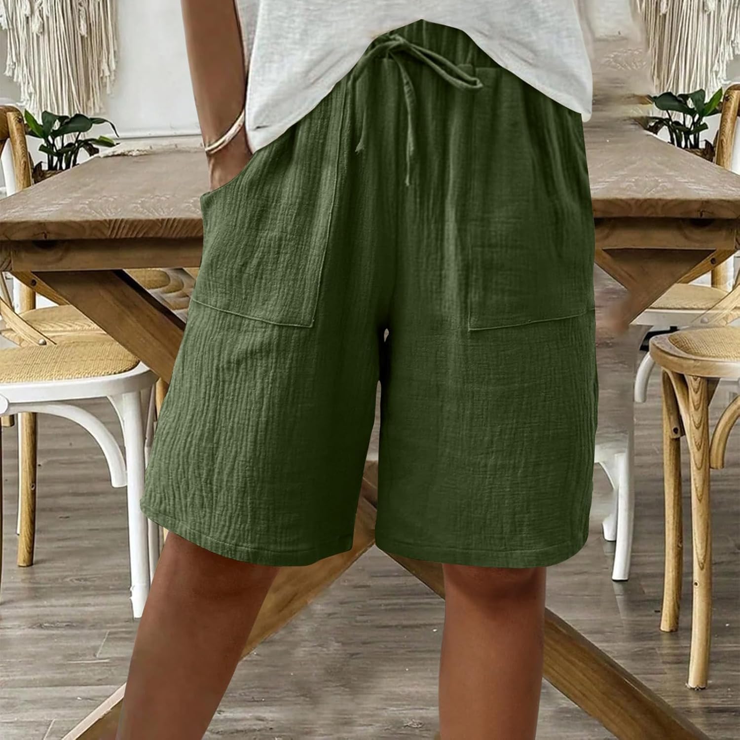 Women Bermuda Shorts Cotton Knee Length High Waisted Shorts Summer Casual Capri Pants with Pockets