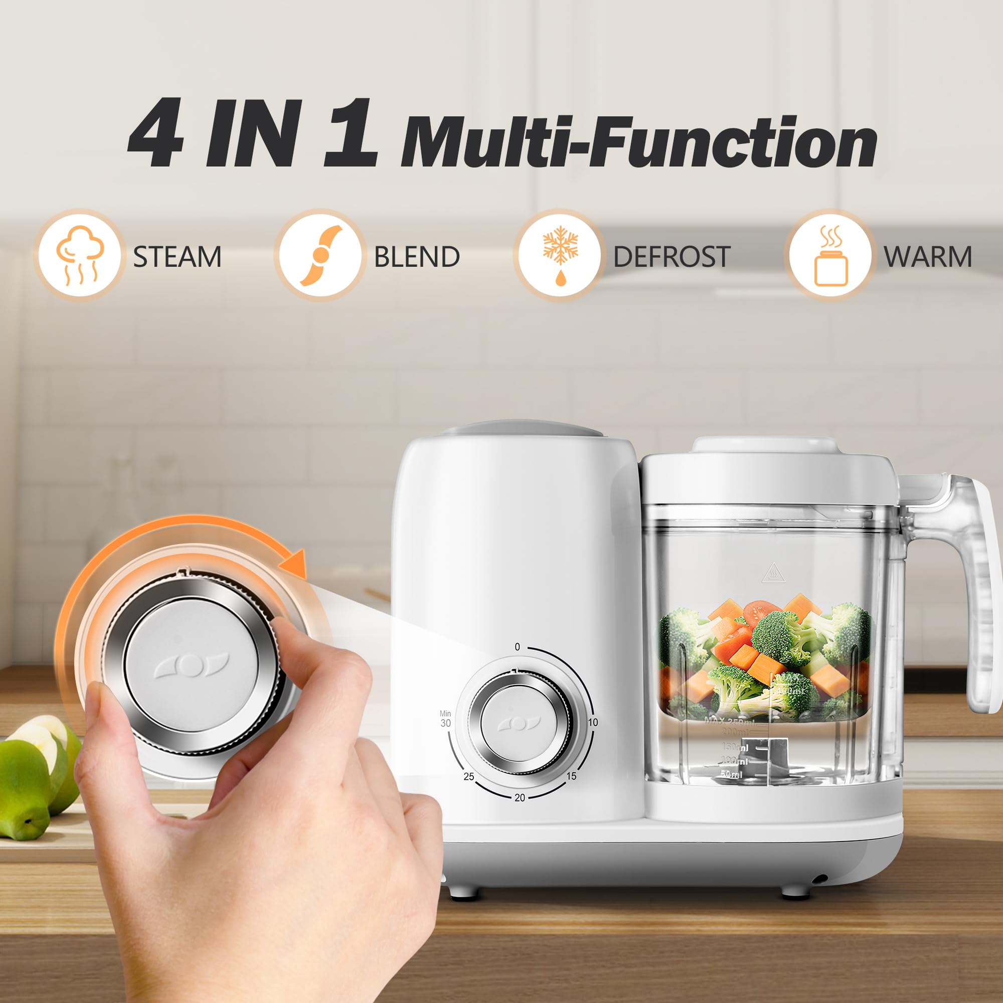 AMZBABYCHEF Babynahrungsmaschine | Babynahrungsmaschine | 4-in-1 Babynahrung Püree-Mixer Dampfgarer Mahlmaschine automatisches Kochen & Mahlen mit Knopfsteuerung, BPA-frei