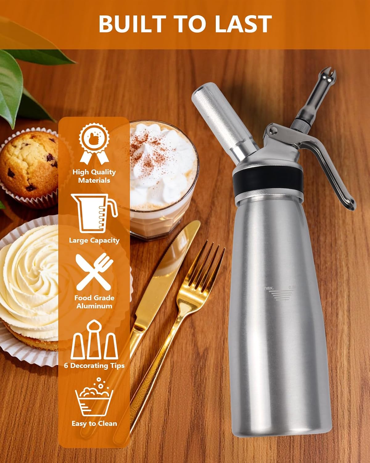 500ml Whipped Cream Dispenser, Aluminum Cream Maker with 6 Tips | Leak-resistant design for creating decorative toppings on coffee, desserts, mousse and cold beverages; brush included