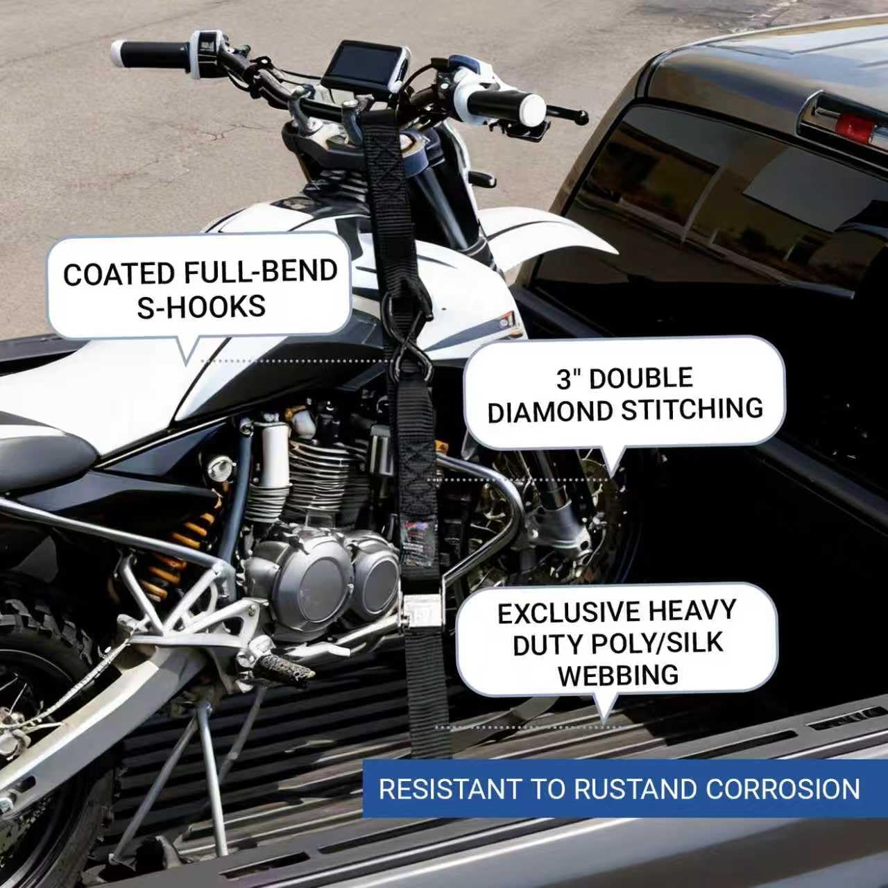 Motorcycle Tie Down Straps, 3000lbs Break Strength, 1.5" x 8' Heavy Duty Tie Down Strap Set with Steel Cambuckle, Coated S Hook, Soft Loop for Motorcycle, Kayak, Car, Truck, Dirt Bike, 2PK