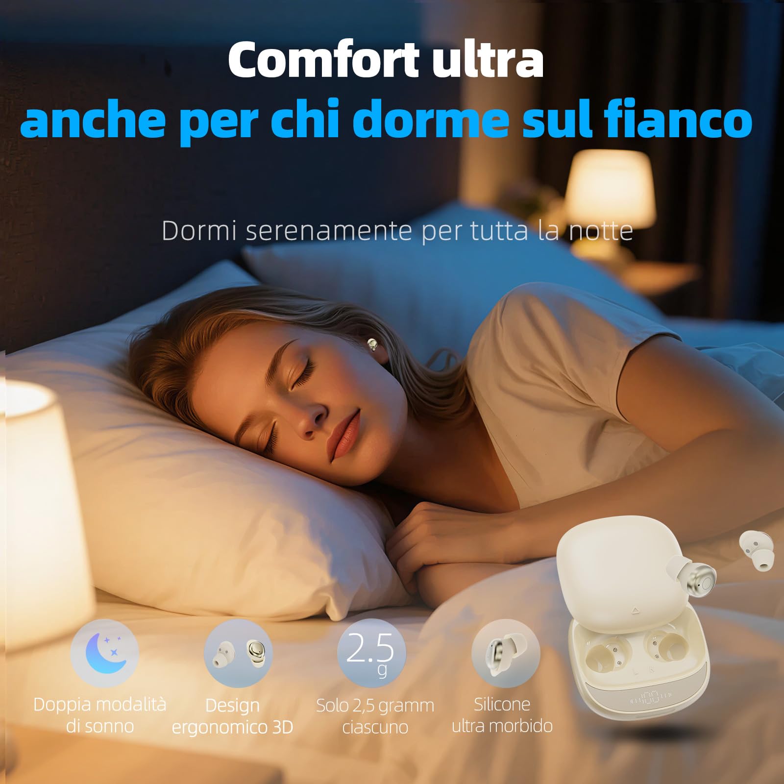 Cuffie Bluetooth, Cuffie per Dormire sul Fianco, Auricolari Bluetooth 5.4 con Doppia Modalità Sonno, 40 Ore Mini Sleep Earbuds Bluetooth, 6 modalità EQ Mini In Ear Auricolari IPX7, Display LED