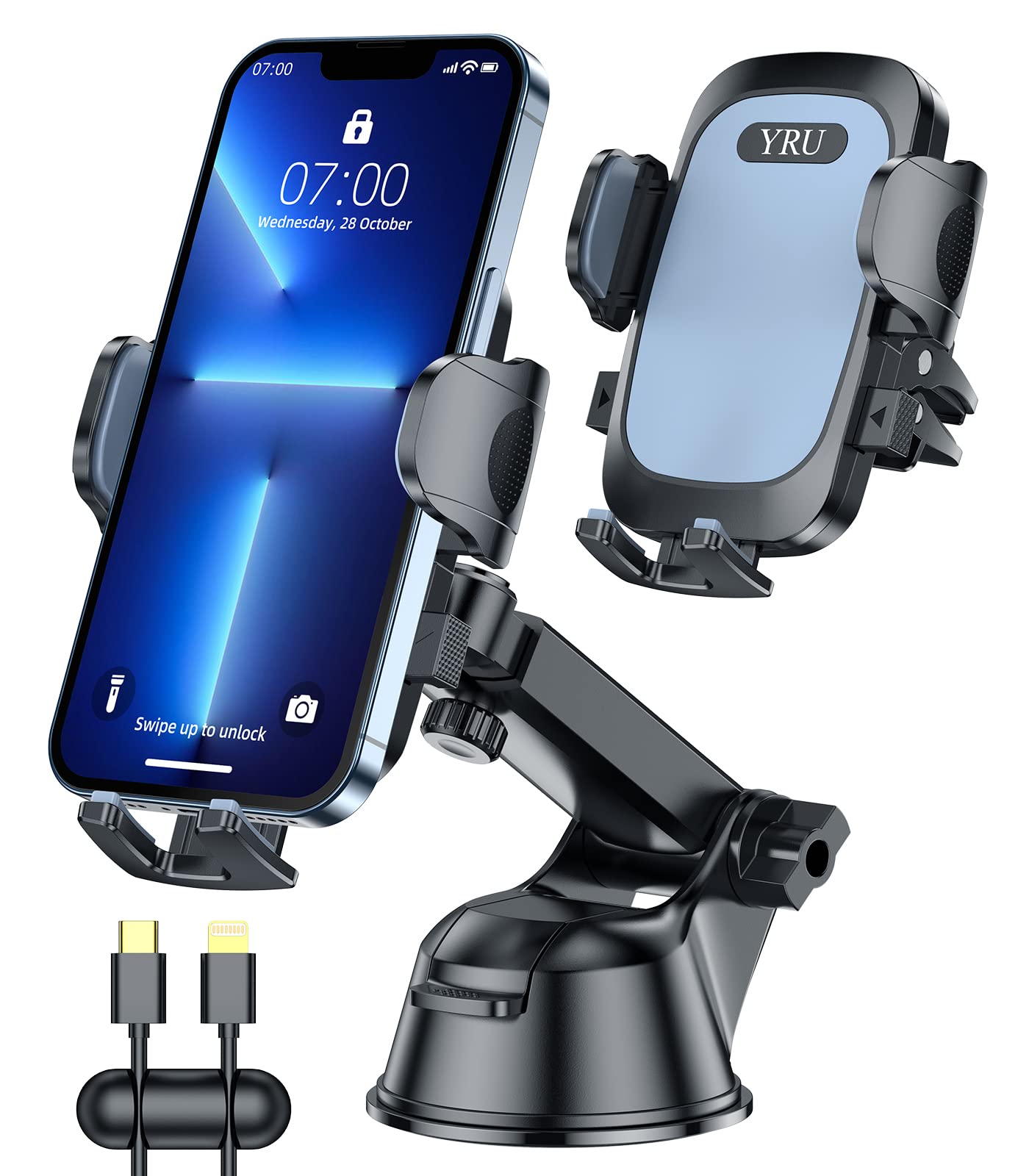 YRU Cell Phone Holder Mount, [Anti-Scratch Silicone & Cable Management] Car Phone Holder Mount Stand Dashboard Windshield Air Vent, Handsfree Phone Cradles Compatible with iPhone 13 12 11 Samsung S21