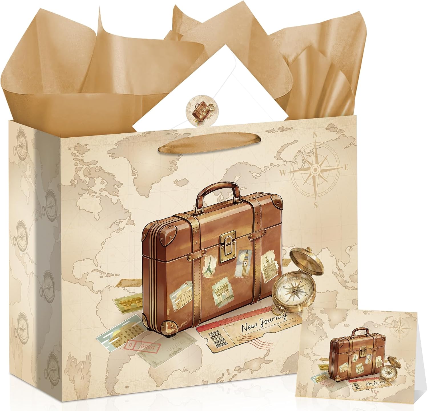 Vintage Travel Gift Bag Set Retro Suitcase Map All-in-One Gift Wrapping Kit with Greeting Card, Sticker, Envelope and Tissue Paper for Retirement, Graduation, Birthday, New Journey Party Favors Decor