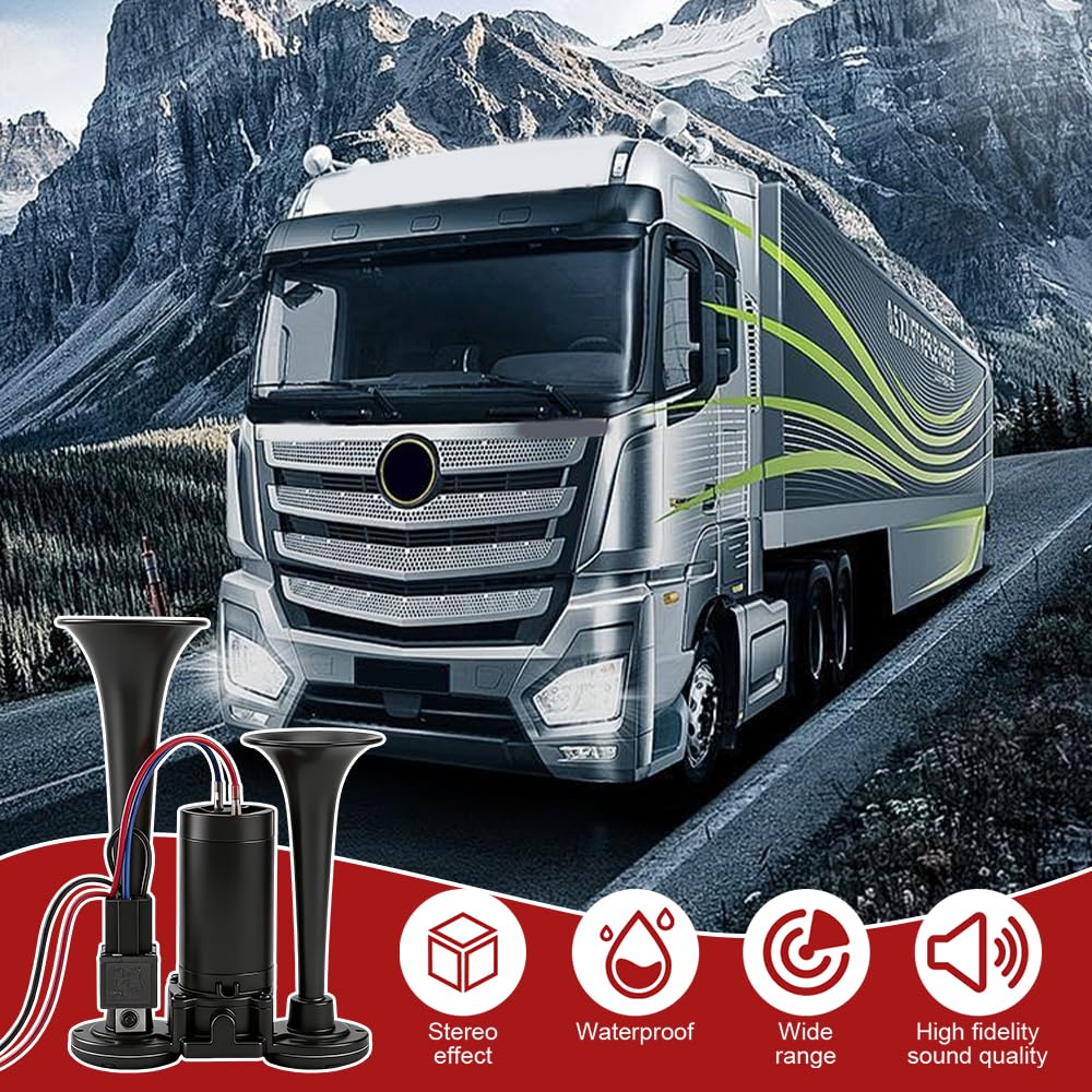 Klaxon Camion 12V, 600DB Klaxon de Voiture Super Puissant, Kit de Klaxons de Train avec Compresseur, Klaxons à Air Double Trompette pour véhicules 12V, Camions, Voitures, Bateaux, SUV, Train