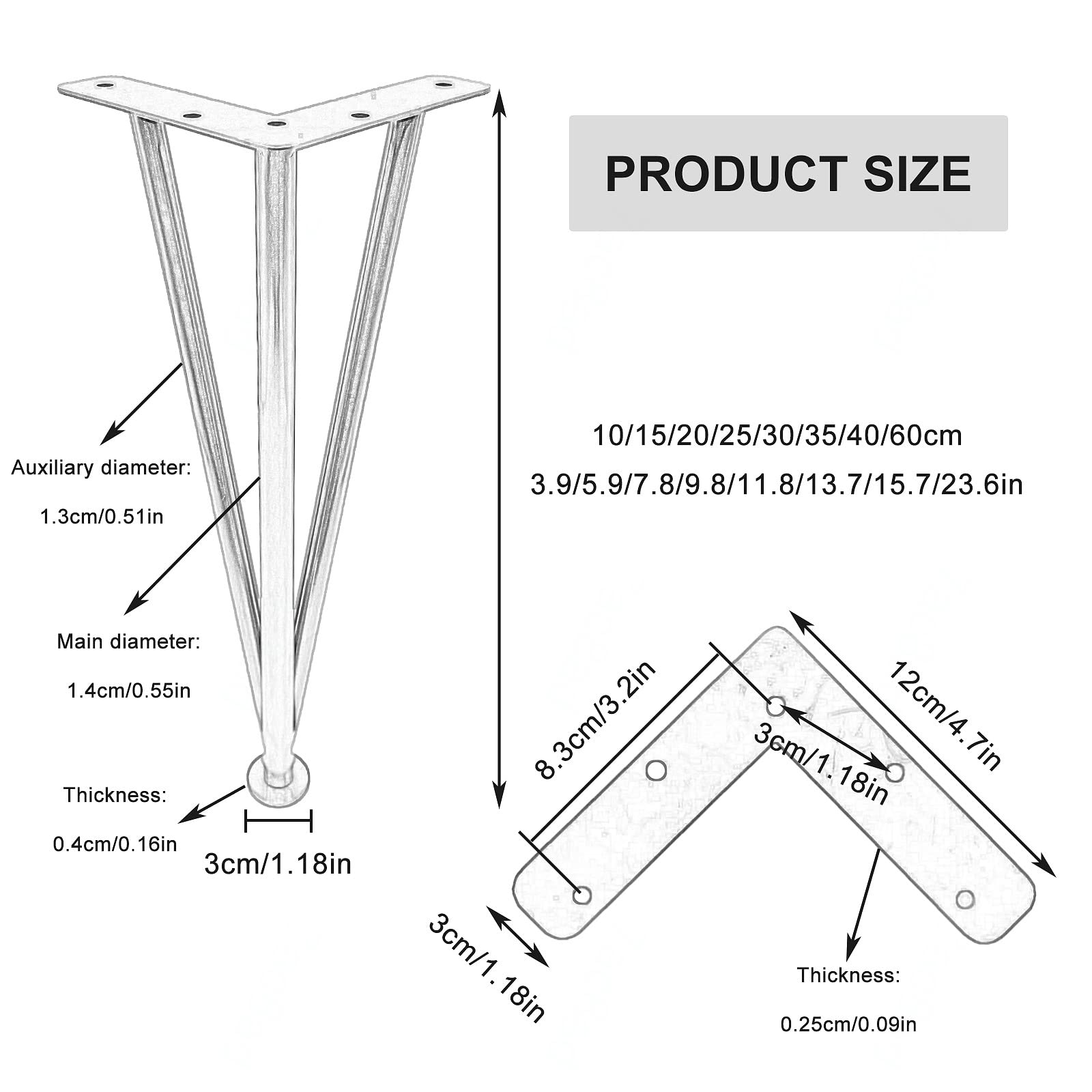 XHYRHTS Nogi do stołu metalowe, 4 szt., regulowane nogi do mebli, nóżki do mebli czarne/złote/srebrne, wymienne nogi do stołu w jadalni stolik kawowy biurko 10cm 20cm 25cm 30cm 35cm 40cm 60cm,