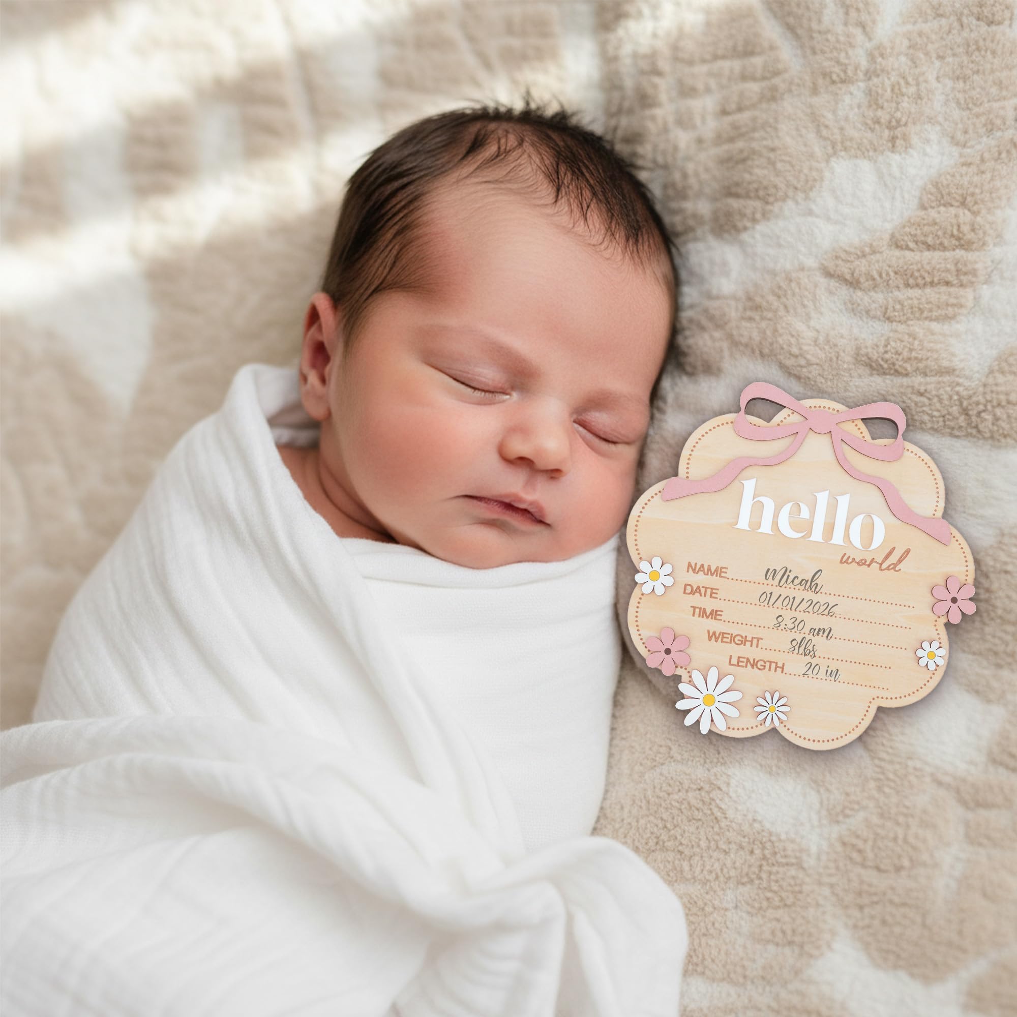 TTMerriwood Hello World Wooden Baby Birth Announcement Sign with Pink Bow, Cloud Shape Floral Newborn Name Date Time Weight Length Board, Baby Girl Nursery Photo Prop (Light Pink) - 2