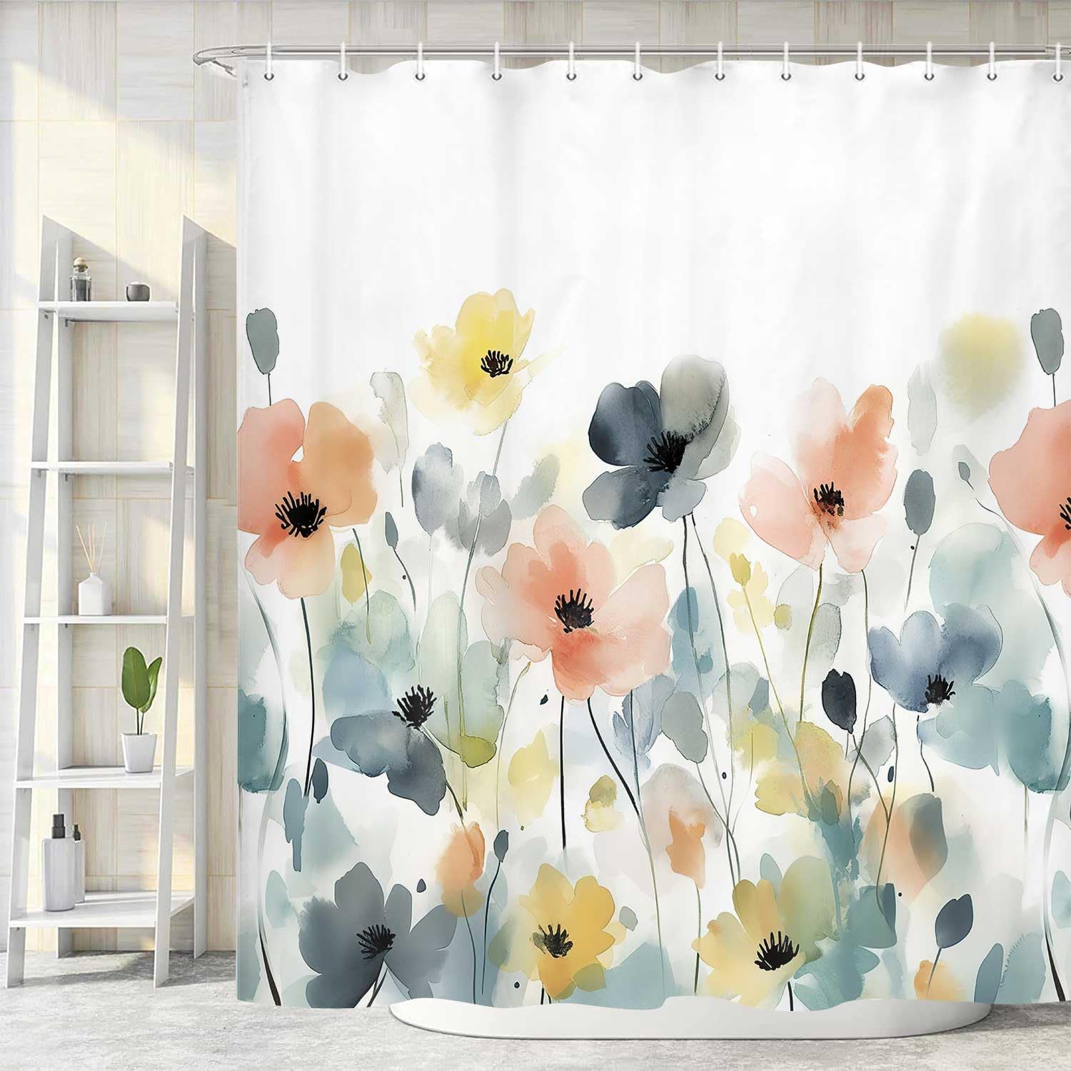 Boho Floral Shower Curtain, Watercolor Flower Wildflower Fabric Bathroom Curtains, Romantic Plants Nature Scenery Decoration Curtain Set with Hooks, 72 x 84 inch