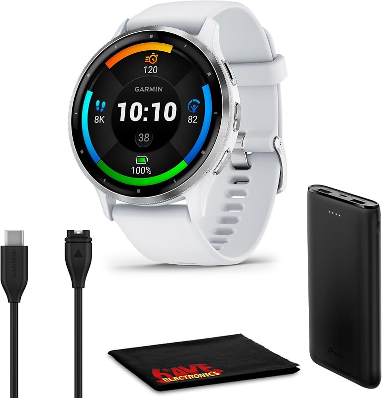 Reloj inteligente GPS Garmin Venu 3 Advanced Fitness and Health Tracker, batería de 14 días de duración con bisel plateado de acero inoxidable y caja Whitestone de 45 mm y correa de silicona Pantalla táctil AMOLED de 1,4 pulgadas
