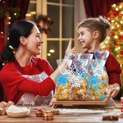Miniatura 4 de Vellibring 120 bolsas de celofán de Navidad, bolsas de copo de nieve de invierno, bolsas de plástico transparente para galletas de caramelo con