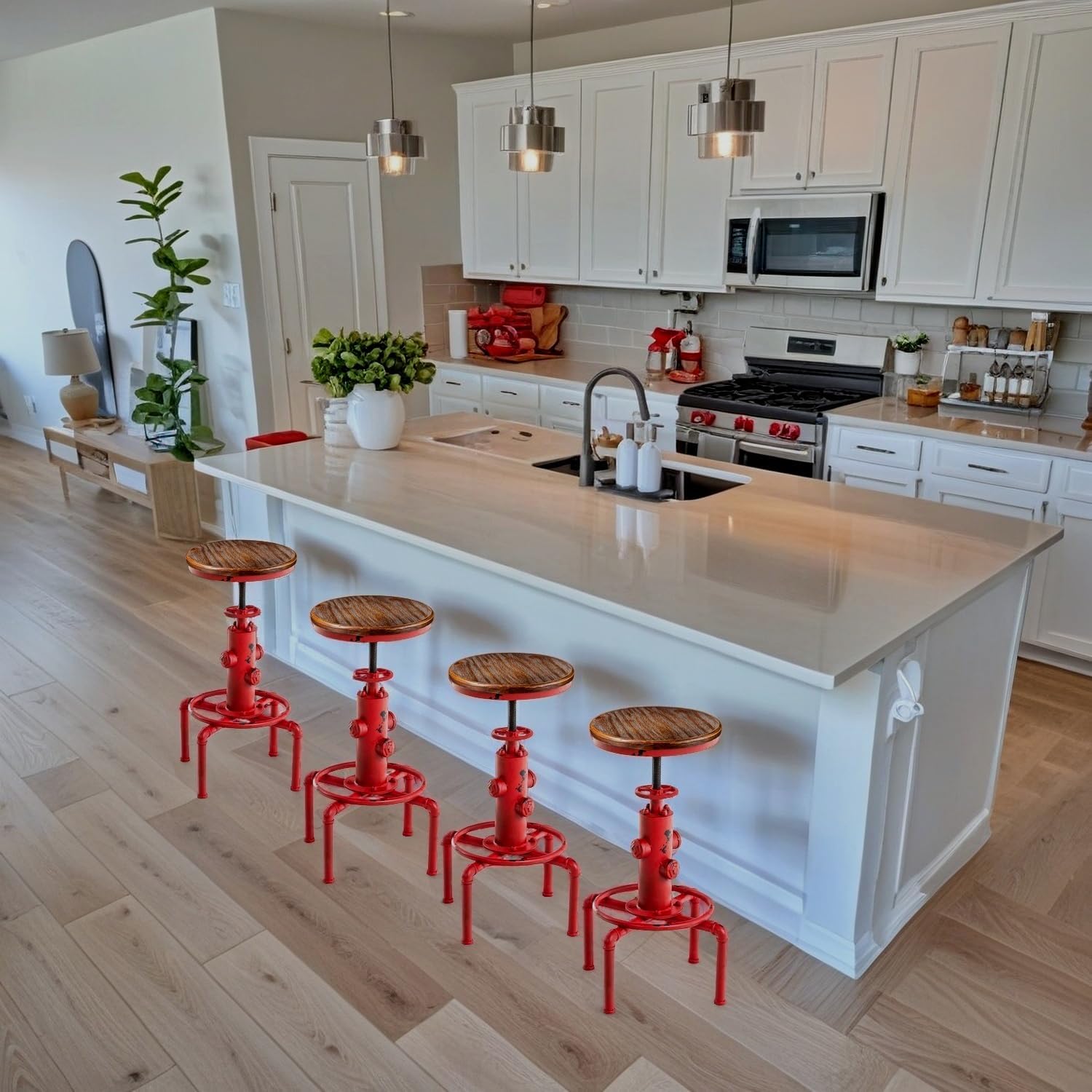Set of 4 Vintage Industrial Kitchen Counter Swivel Metal Bar Stool Height Adjustable 23.6"-29.5", Solid Wood Water Pipe Fire Cafe Pub Bar Stool for bar,Kitchen, Antque Red