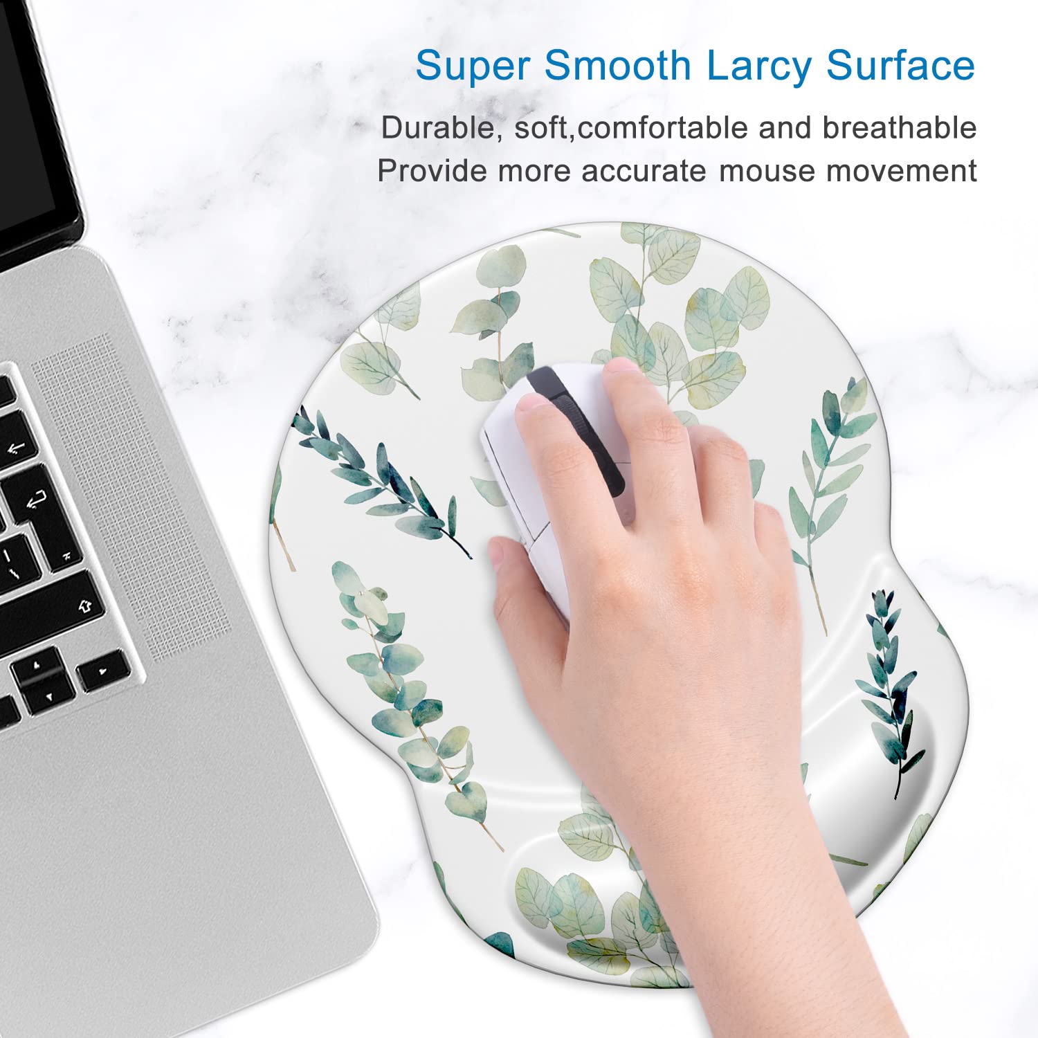 ITNRSIIET Ergonomic Mouse Pad with Gel Wrist Support Small Wrist Rest Smooth Surface Non-Slip PU Base Comfortable Office Supplies Pain Relief, 8.7 x 7.2 inches, Eucalyptus Branches - 3