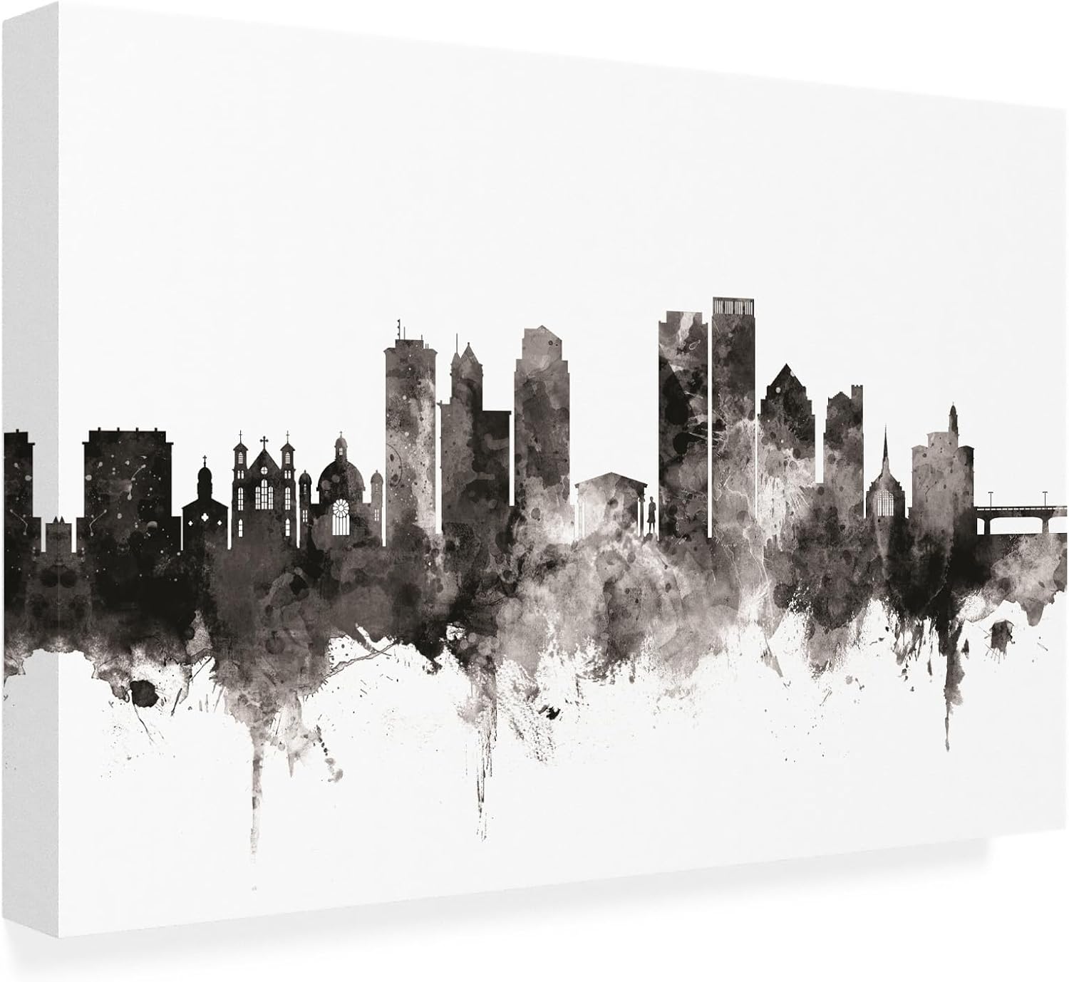 Wrapped Canvas Wall Art - Michael Tompsett 'Dayton Ohio Skyline Black White' Wall Art for Living Room, Bedroom, or Office Décor - 12x19