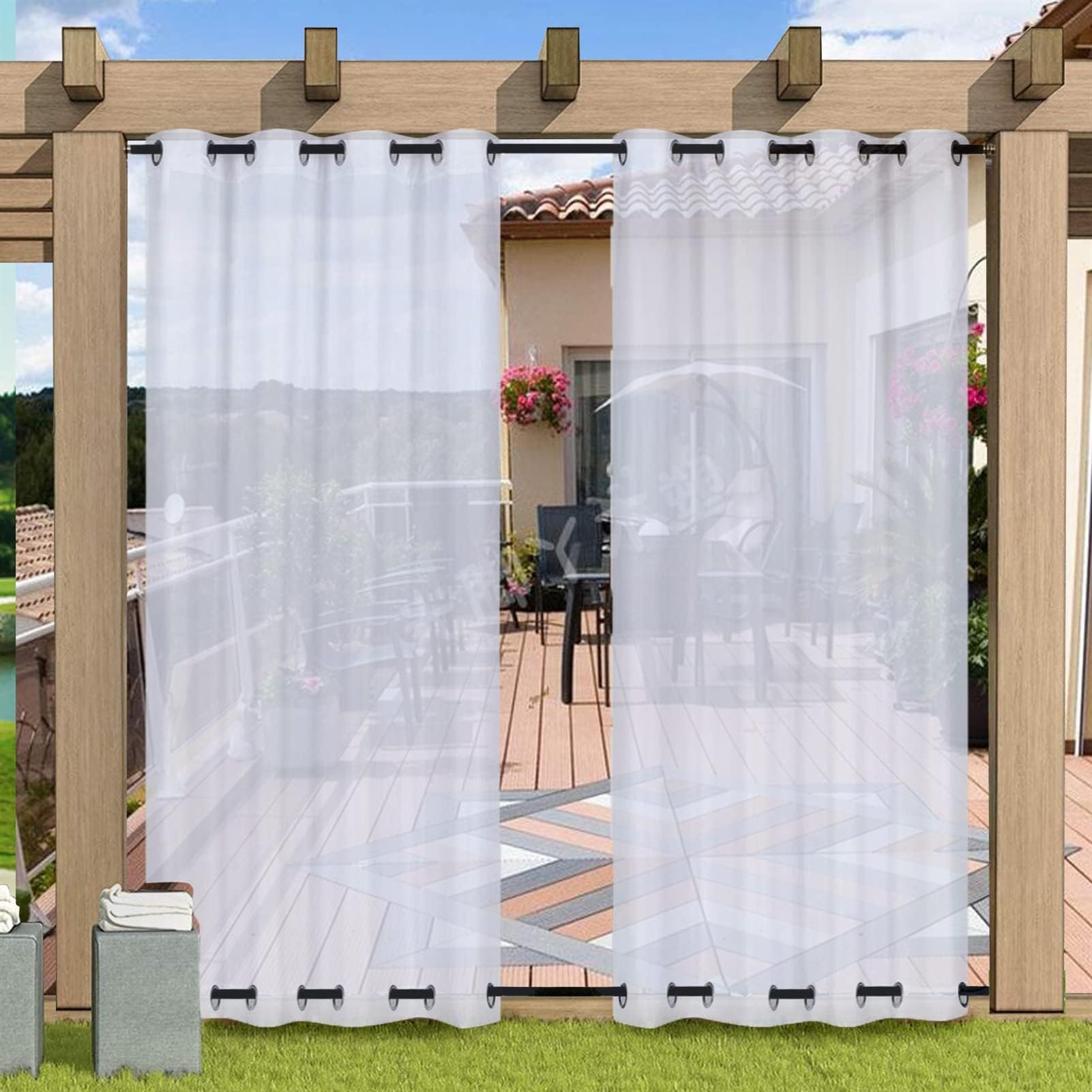 Outdoor Curtain for Patio, White Linen Look Semi-Sheer Curtains Waterproof Gazebo Curtains Top & Bottom Grommet for Pergola Balcony Pool Indoor 2 Panels, W52 x L84