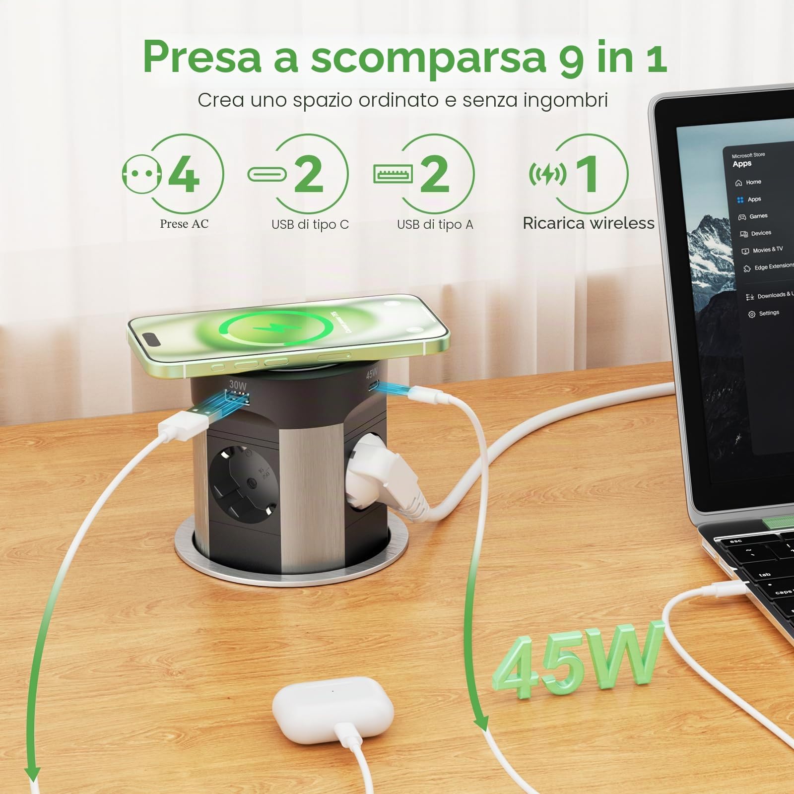 Presa a scomparsa con USB C PD 75W, presa da incasso con caricabatterie wireless da 15W, presa da tavolo a 4 prese a scomparsa per piano di lavoro in cucina, cavo da 1,8 m, Nero